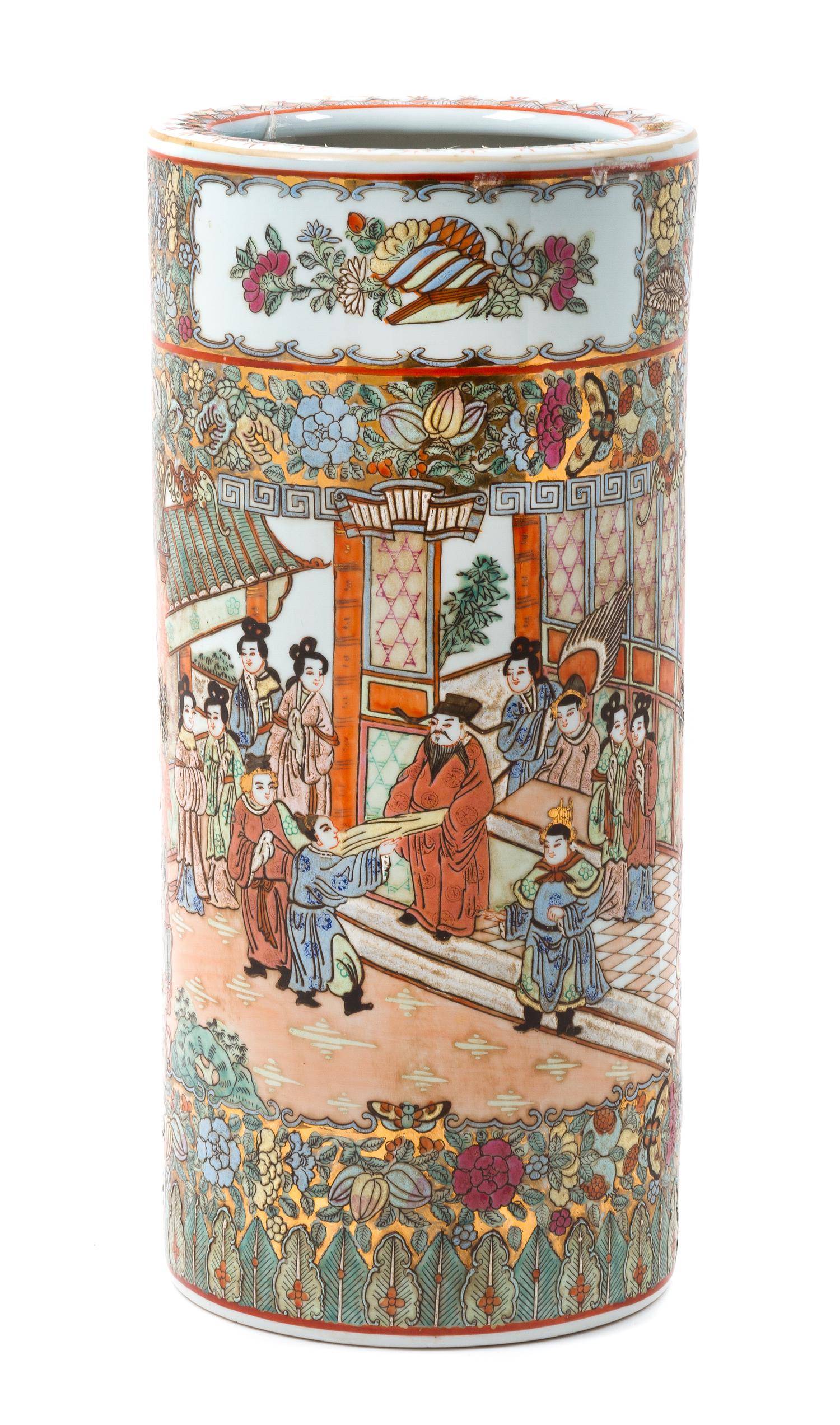 A Chinese Rose Medallion Porcelain Umbrella Stand Height 19 inches.