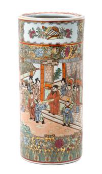 A Chinese Rose Medallion Porcelain Umbrella Stand Height 19 inches.