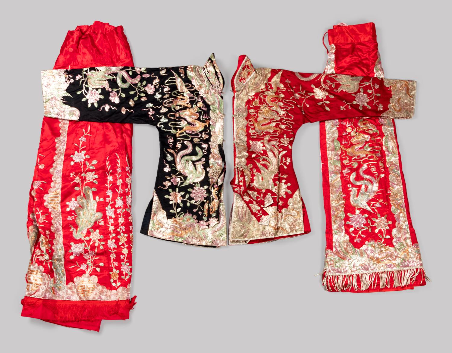 Two Sets of Embroidered Silk Wedding Gowns