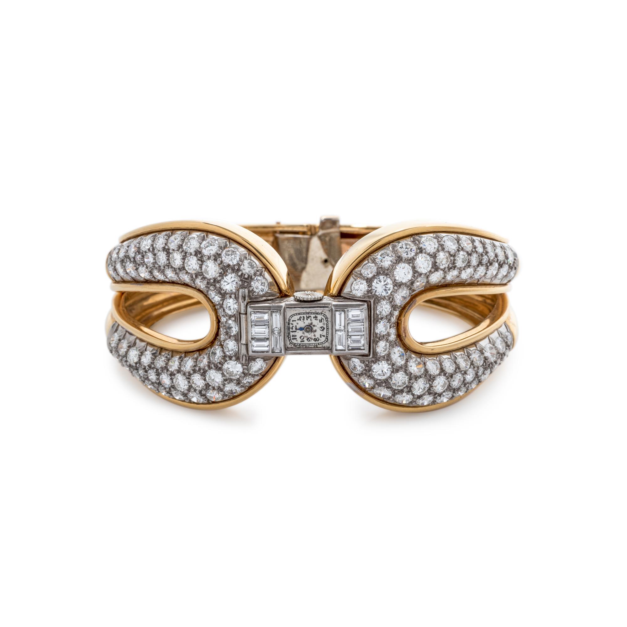 YELLOW GOLD, PLATINUM AND DIAMOND WATCH BANGLE BRACELET