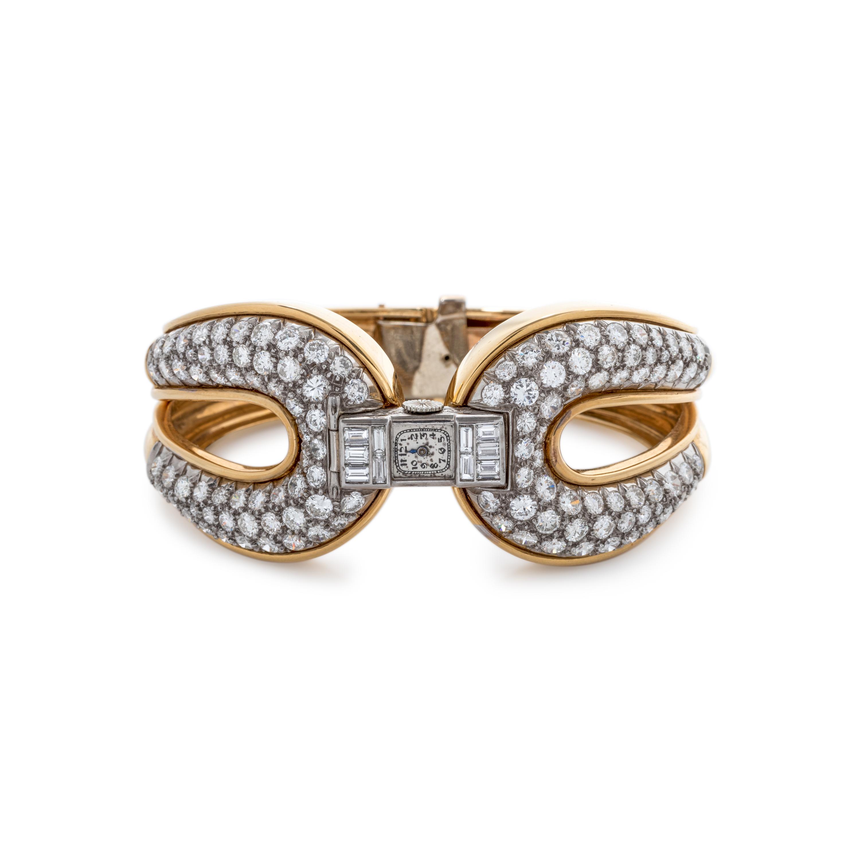 YELLOW GOLD, PLATINUM AND DIAMOND WATCH BANGLE BRACELET