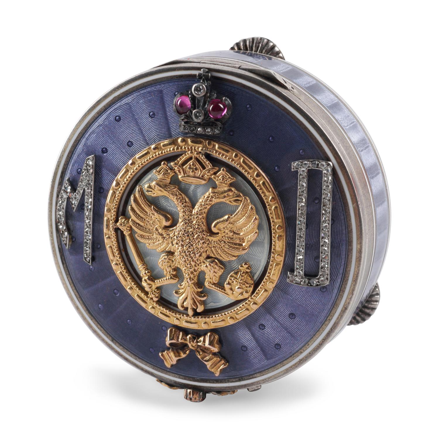 A Silver, Gold, Guilloché Enamel, Diamond and Ruby-Mounted Box