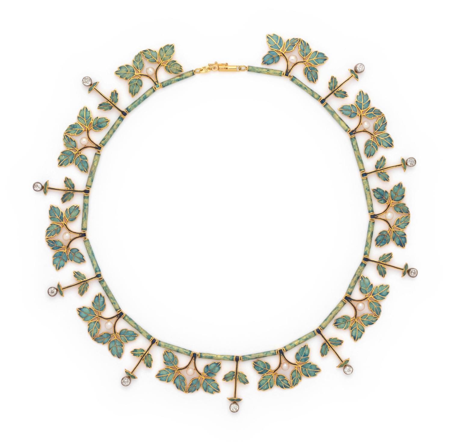 EVELYN CLOTHIER, DIAMOND, CULTURED PEARL AND ENAMEL NECKLACE
