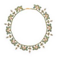 EVELYN CLOTHIER, DIAMOND, CULTURED PEARL AND ENAMEL NECKLACE