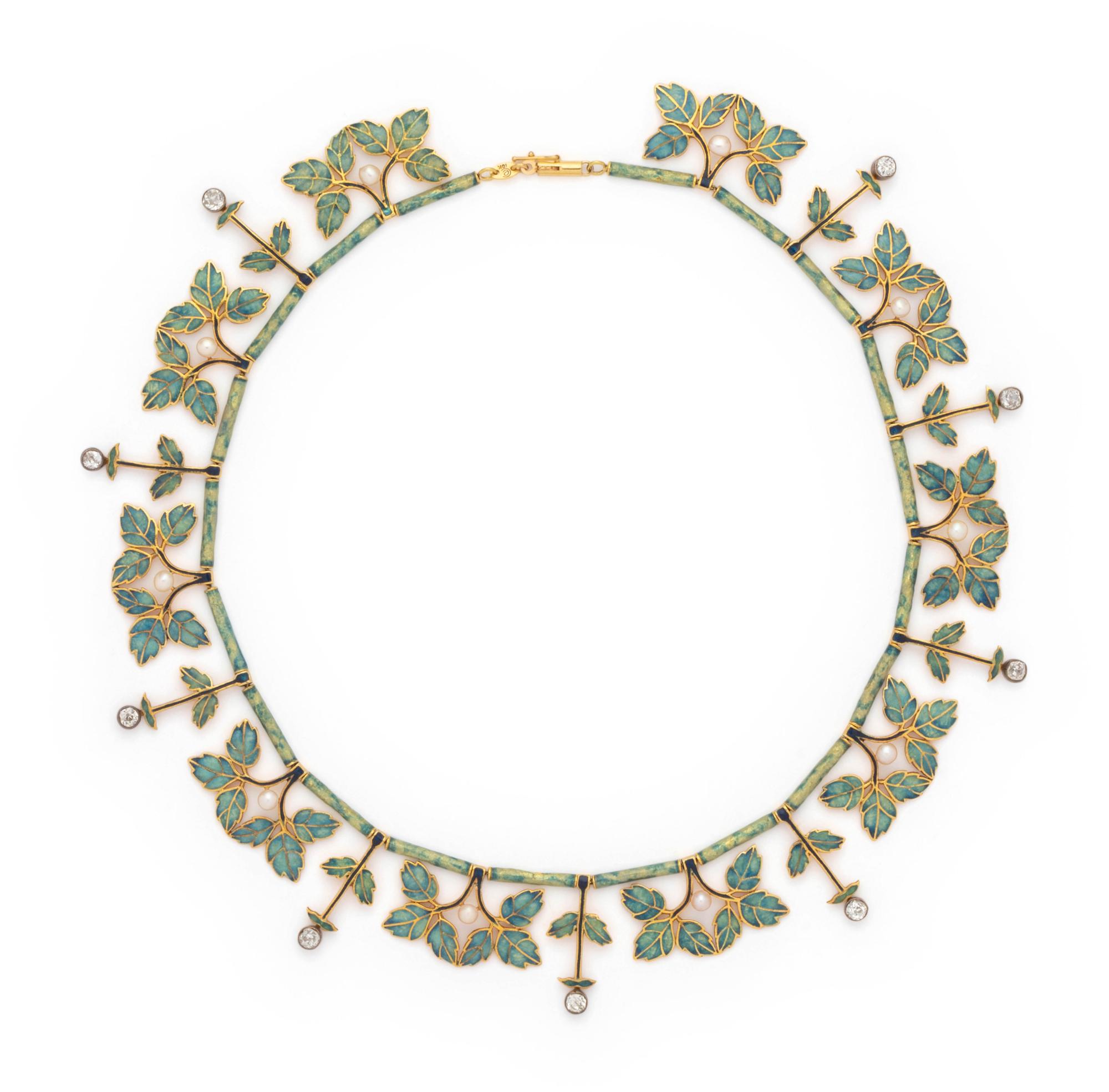 EVELYN CLOTHIER, DIAMOND, CULTURED PEARL AND ENAMEL NECKLACE