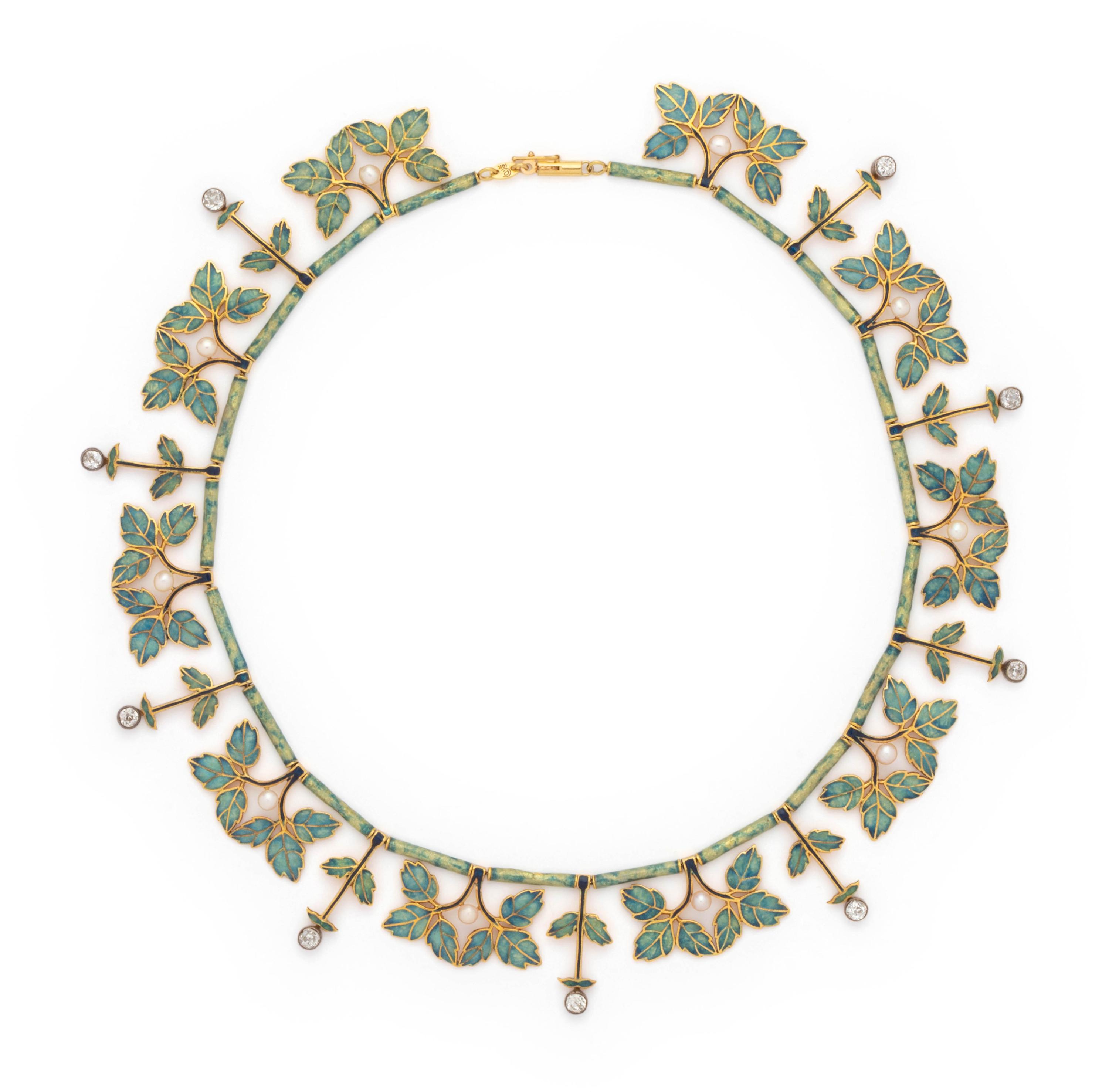 EVELYN CLOTHIER, DIAMOND, CULTURED PEARL AND ENAMEL NECKLACE