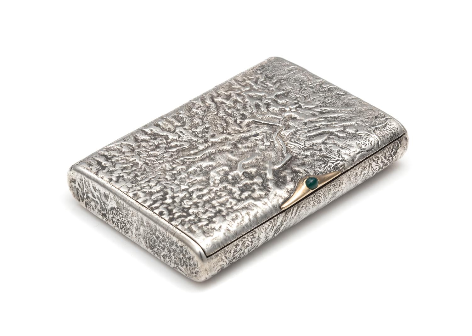 A Russian Silver Samodorok Cigarette Case, Vladimir Soloviev, St. Petersburg, Early 20th Century, the textured case with an inset green