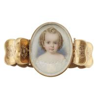 John Carlin (1813-1891) Gilt bracelet with portrait miniature clasp of a young girl, circa 1840
