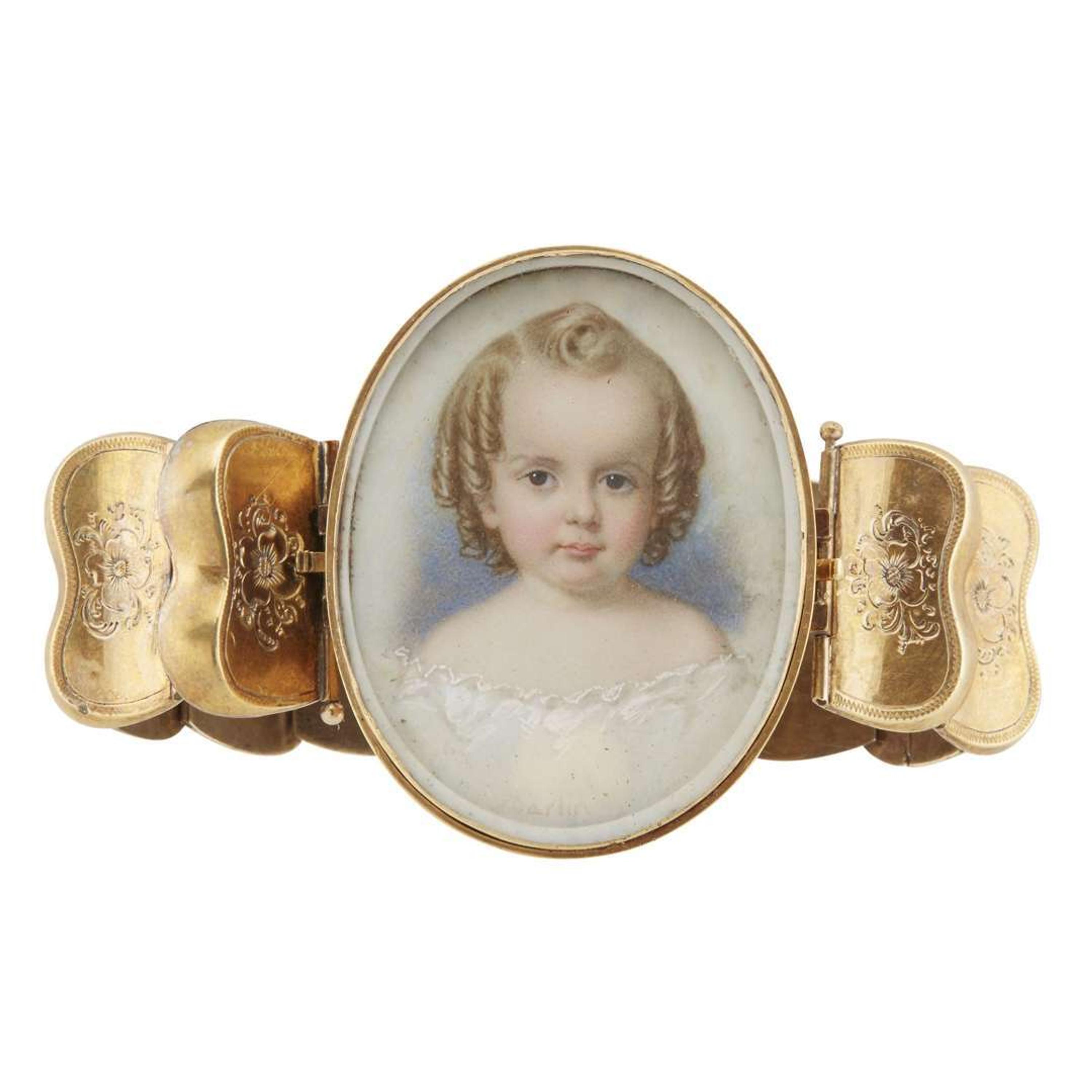 John Carlin (1813-1891) Gilt bracelet with portrait miniature clasp of a young girl, circa 1840