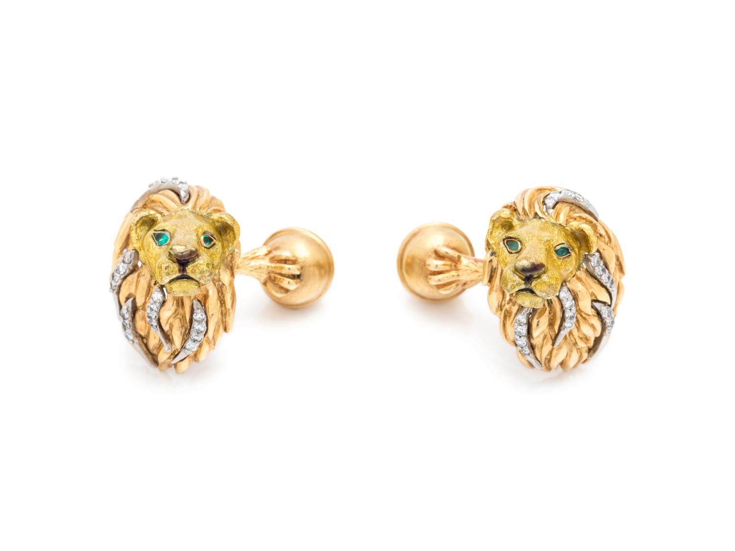 TIFFANY & CO., YELLOW GOLD AND DIAMOND LION CUFFLINKS