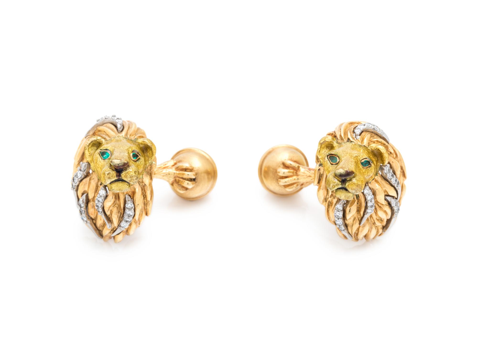 TIFFANY & CO., YELLOW GOLD AND DIAMOND LION CUFFLINKS