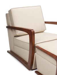 A Pair of Art Deco Style Grain-Painted and Leather Upholstered Armchairs and Ottomans