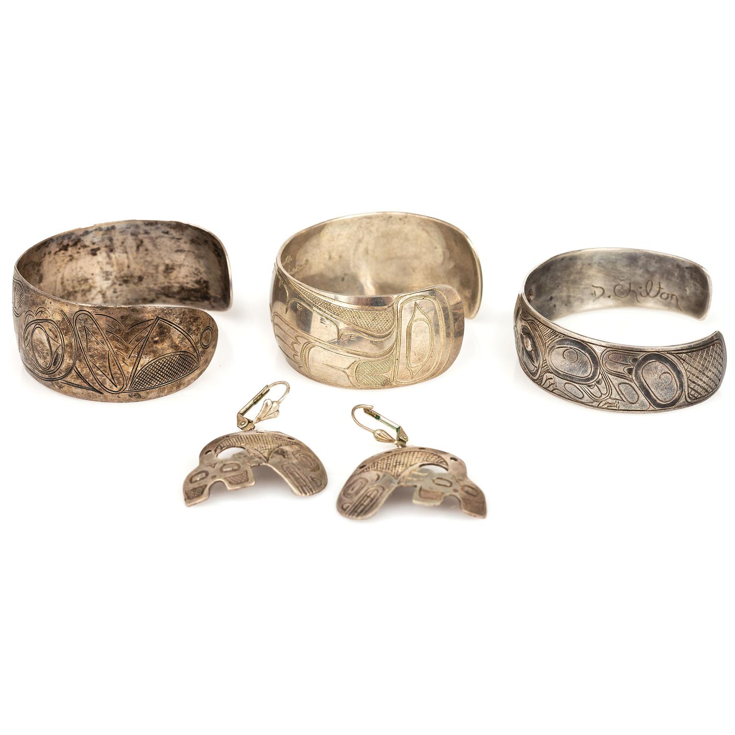 Northwest Coast Etched Figural Silver Cuff Bracelets and Earrings