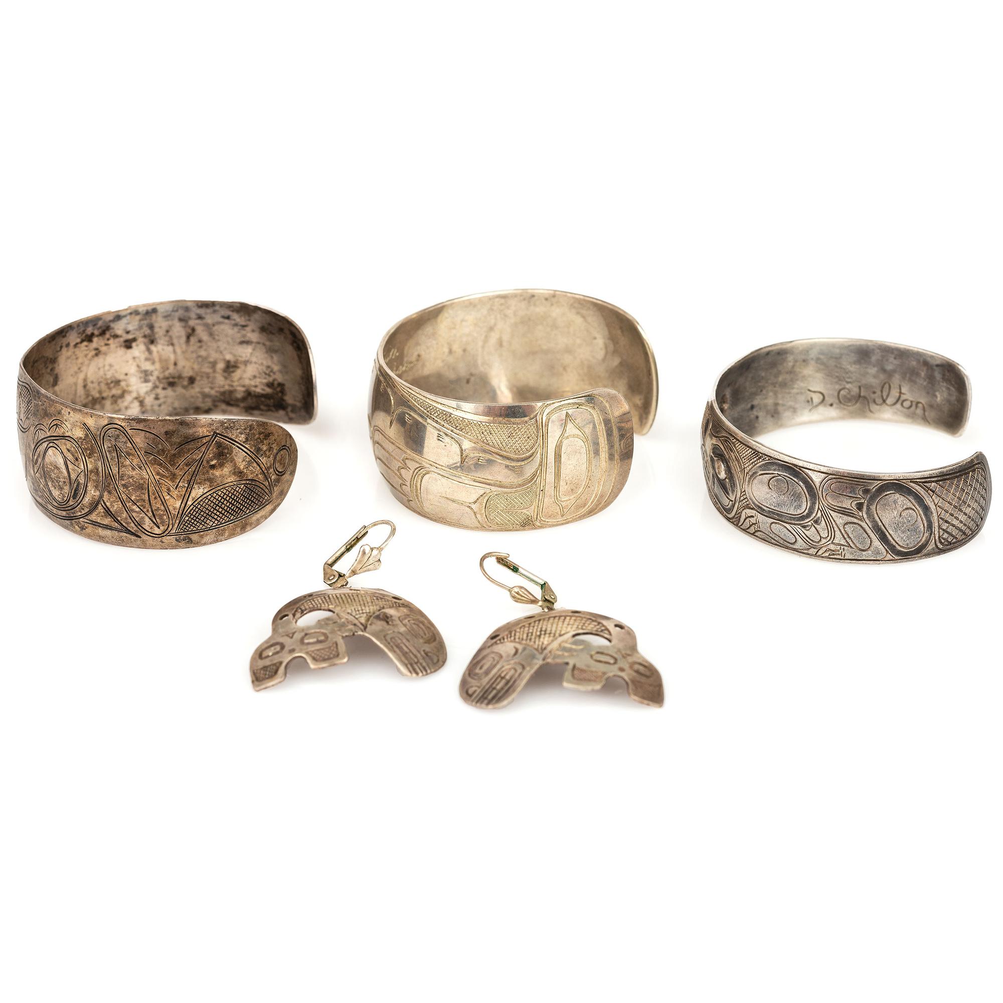 Northwest Coast Etched Figural Silver Cuff Bracelets and Earrings