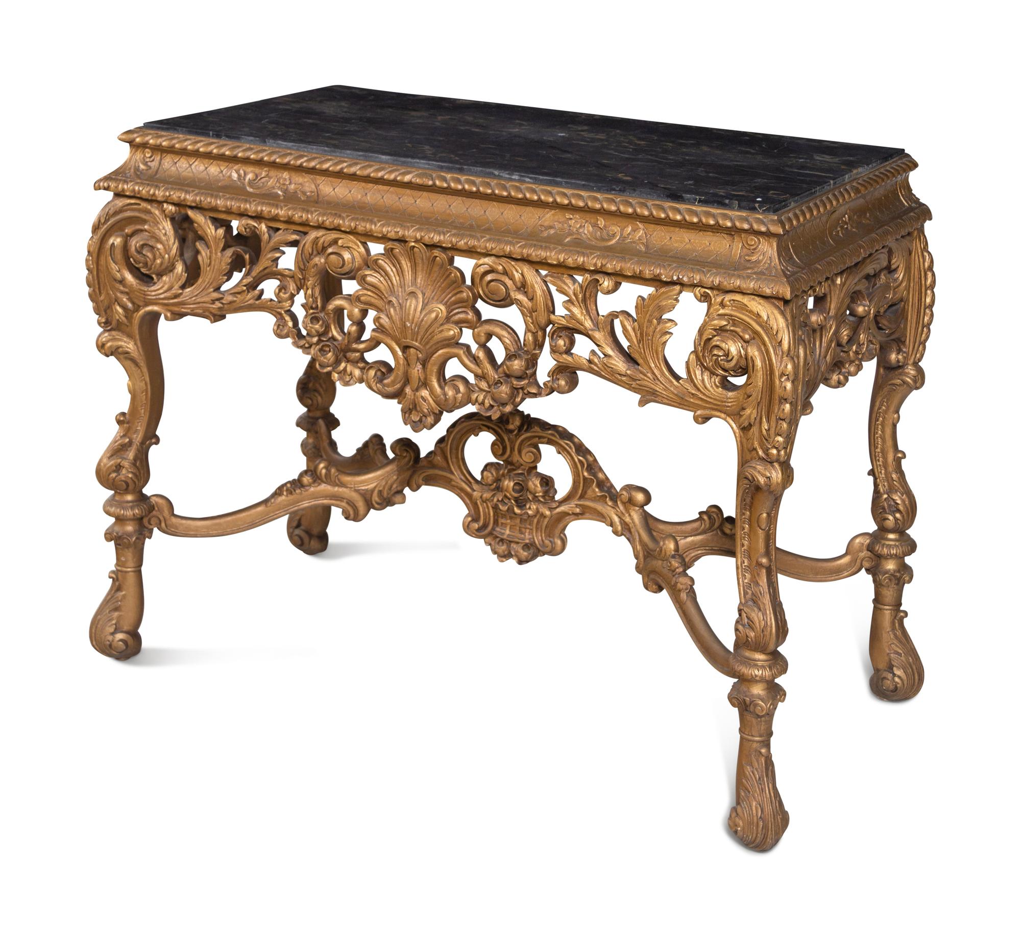 A Pair of Italian Baroque Style Giltwood Composition Marble-Top Console Tables