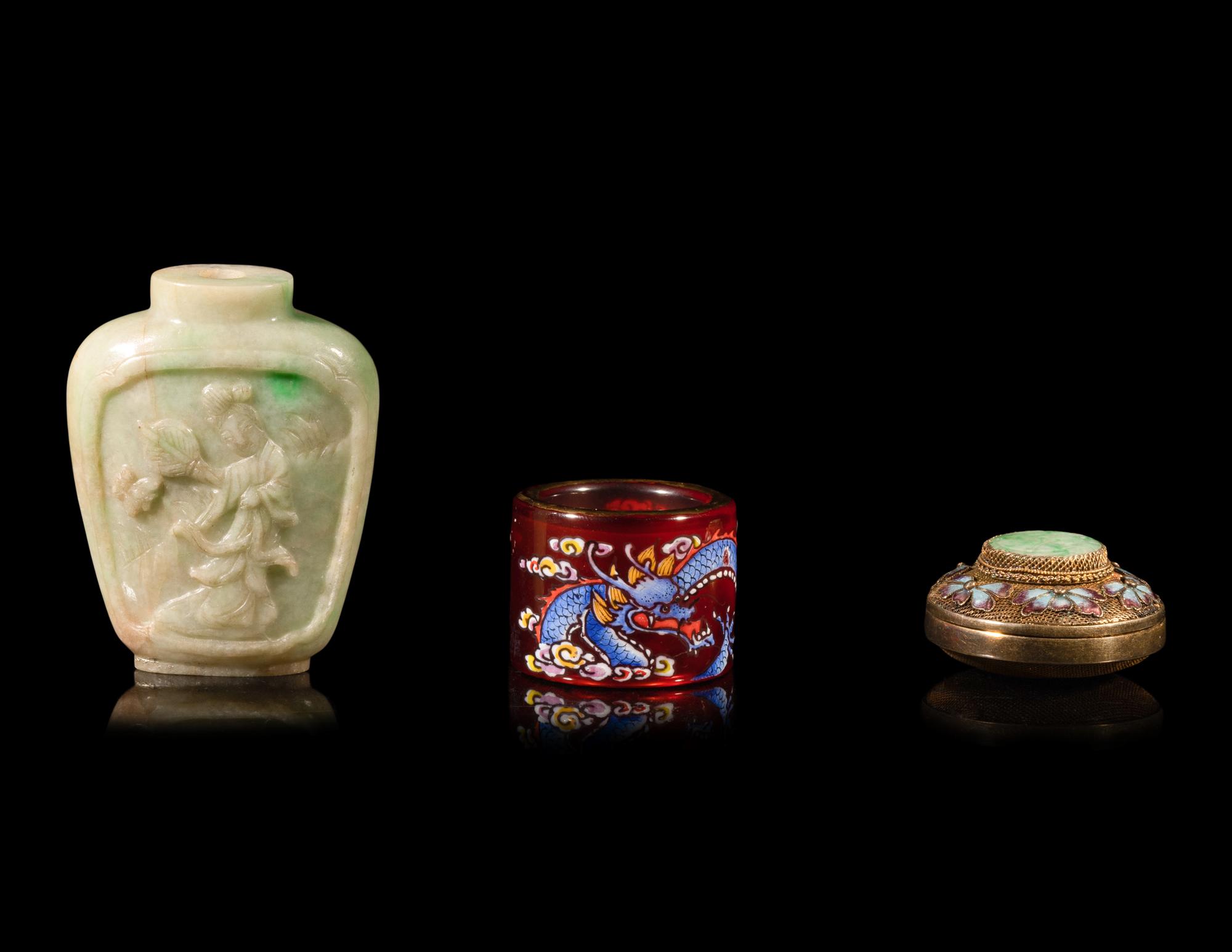 Three Chinese Jadeite and Peking Glass Articles