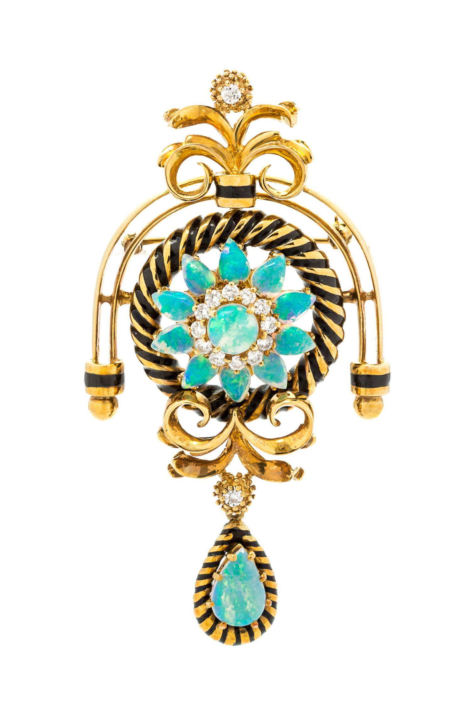 An 18 Karat Yellow Gold, Opal, Diamond and Enamel Pendant/Brooch, La Triomphe, 20.50 dwts.
