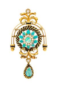 An 18 Karat Yellow Gold, Opal, Diamond and Enamel Pendant/Brooch, La Triomphe, 20.50 dwts.