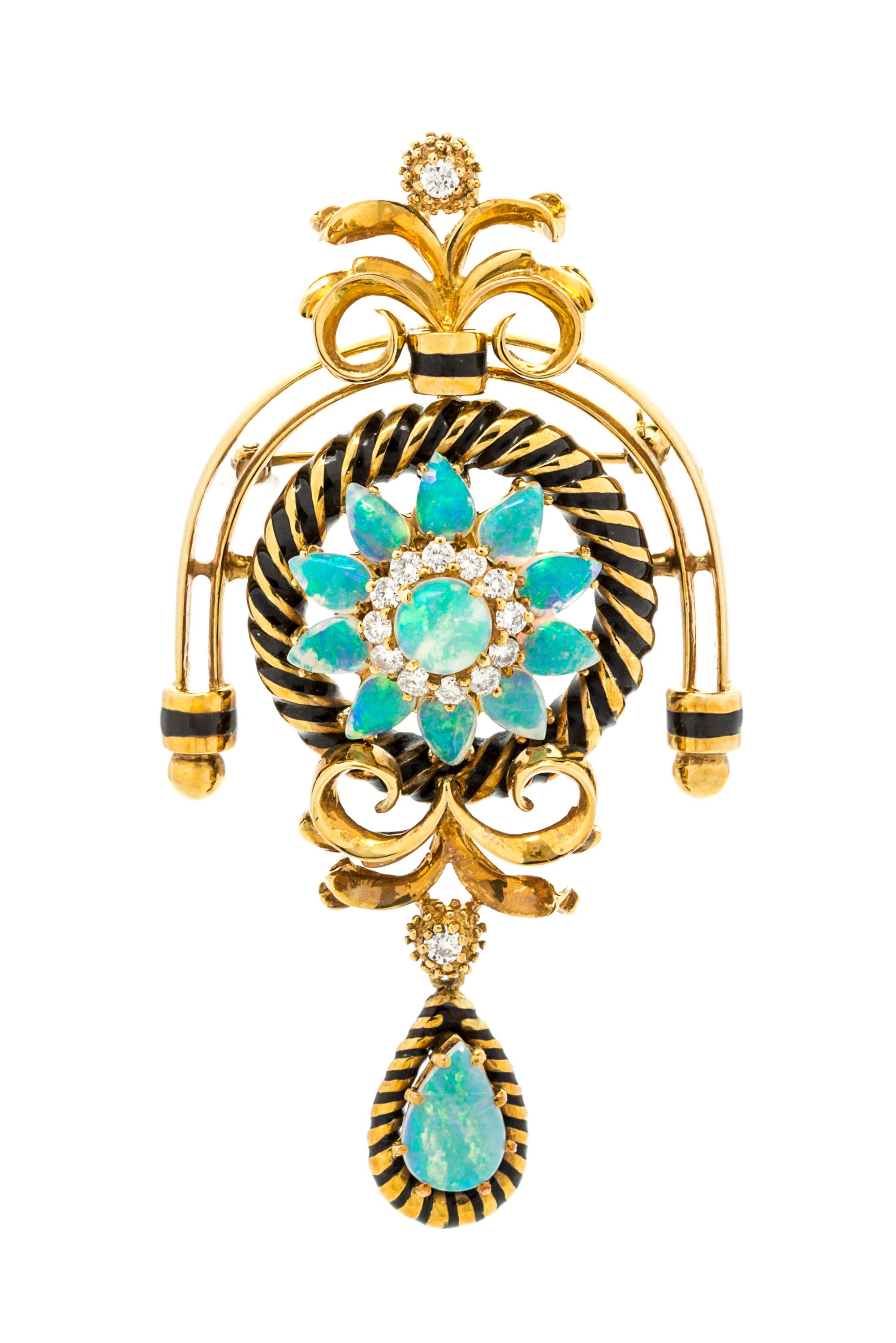 An 18 Karat Yellow Gold, Opal, Diamond and Enamel Pendant/Brooch, La Triomphe, 20.50 dwts.