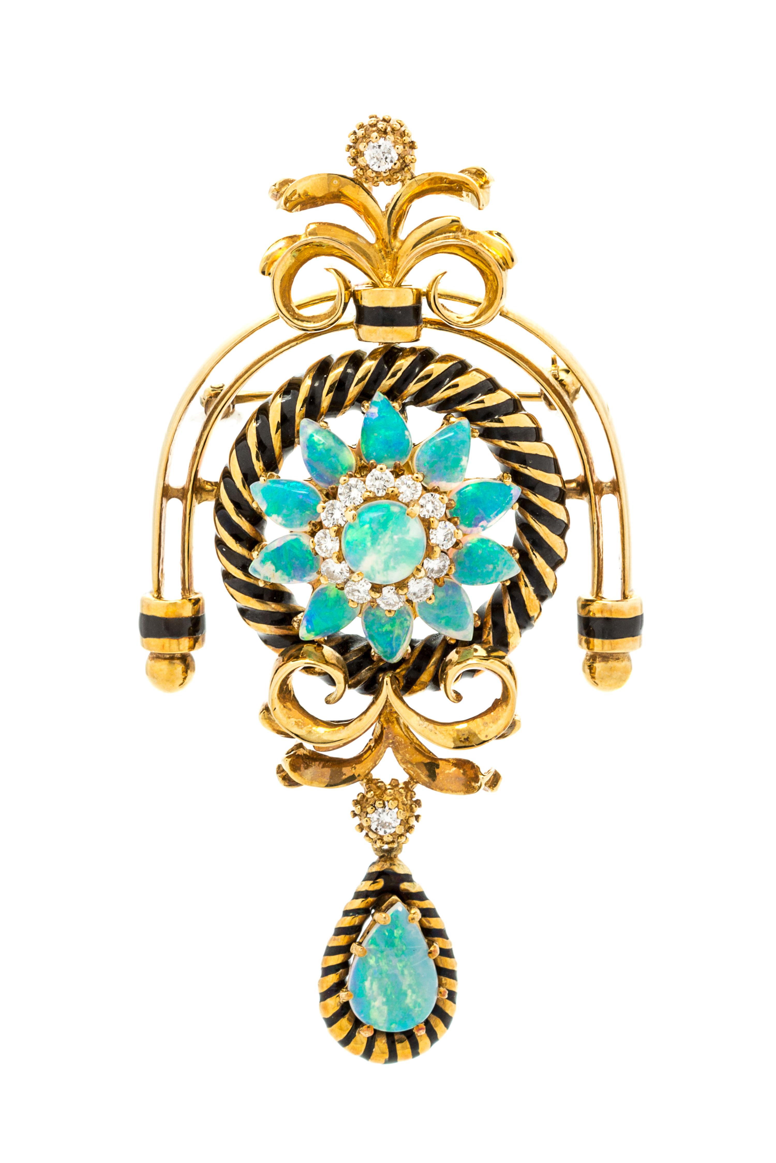 An 18 Karat Yellow Gold, Opal, Diamond and Enamel Pendant/Brooch, La Triomphe, 20.50 dwts.