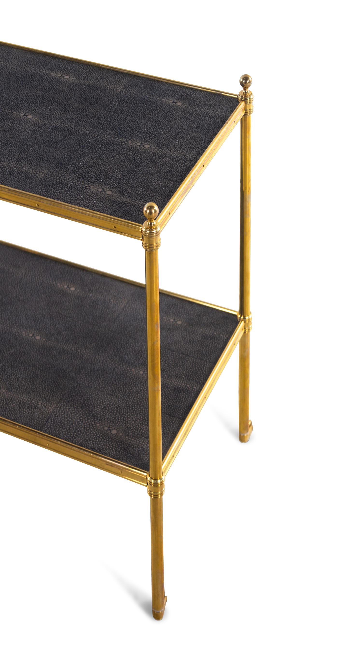 A Pair of Brass and Faux Shagreen Two-Tier Side Tables