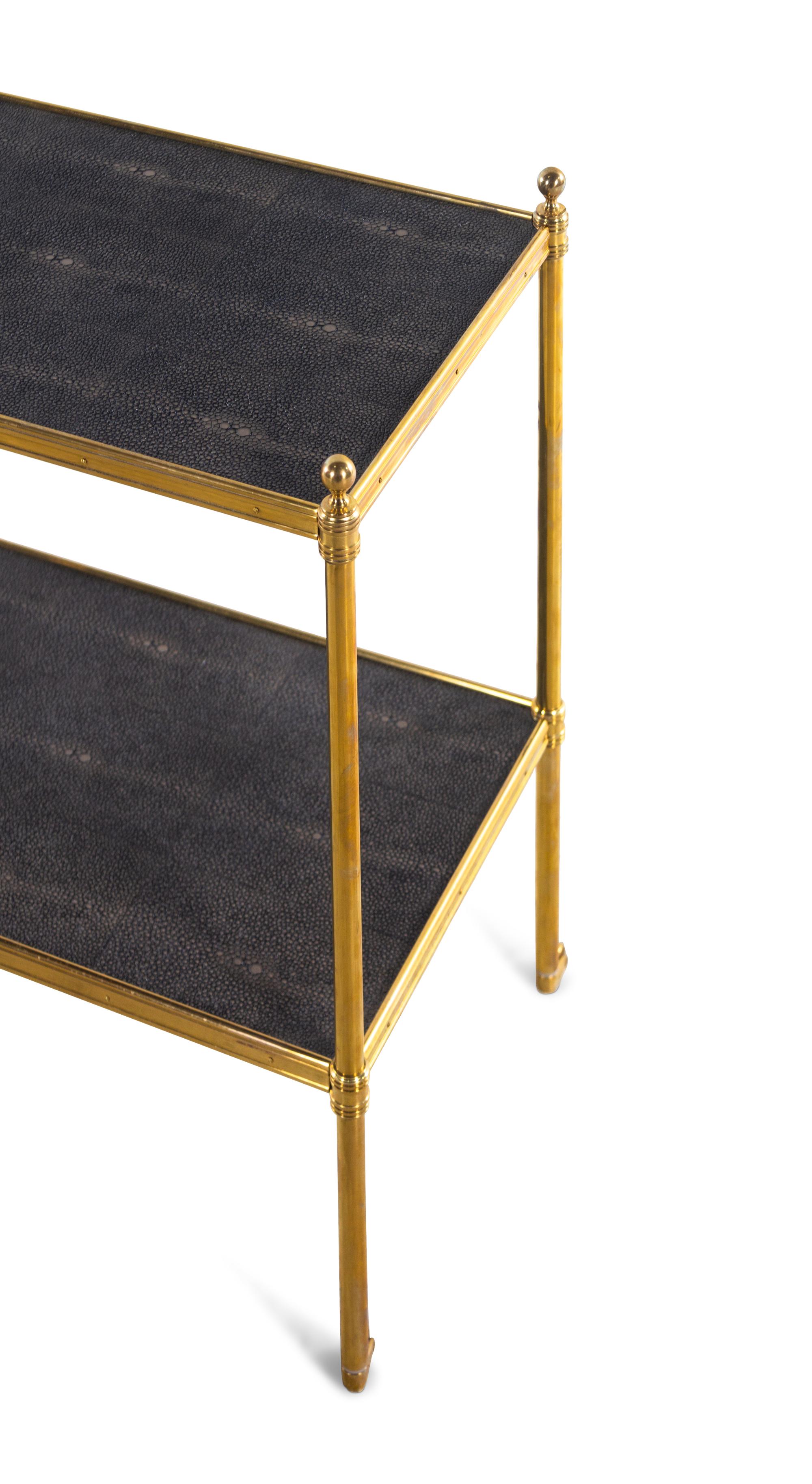 A Pair of Brass and Faux Shagreen Two-Tier Side Tables