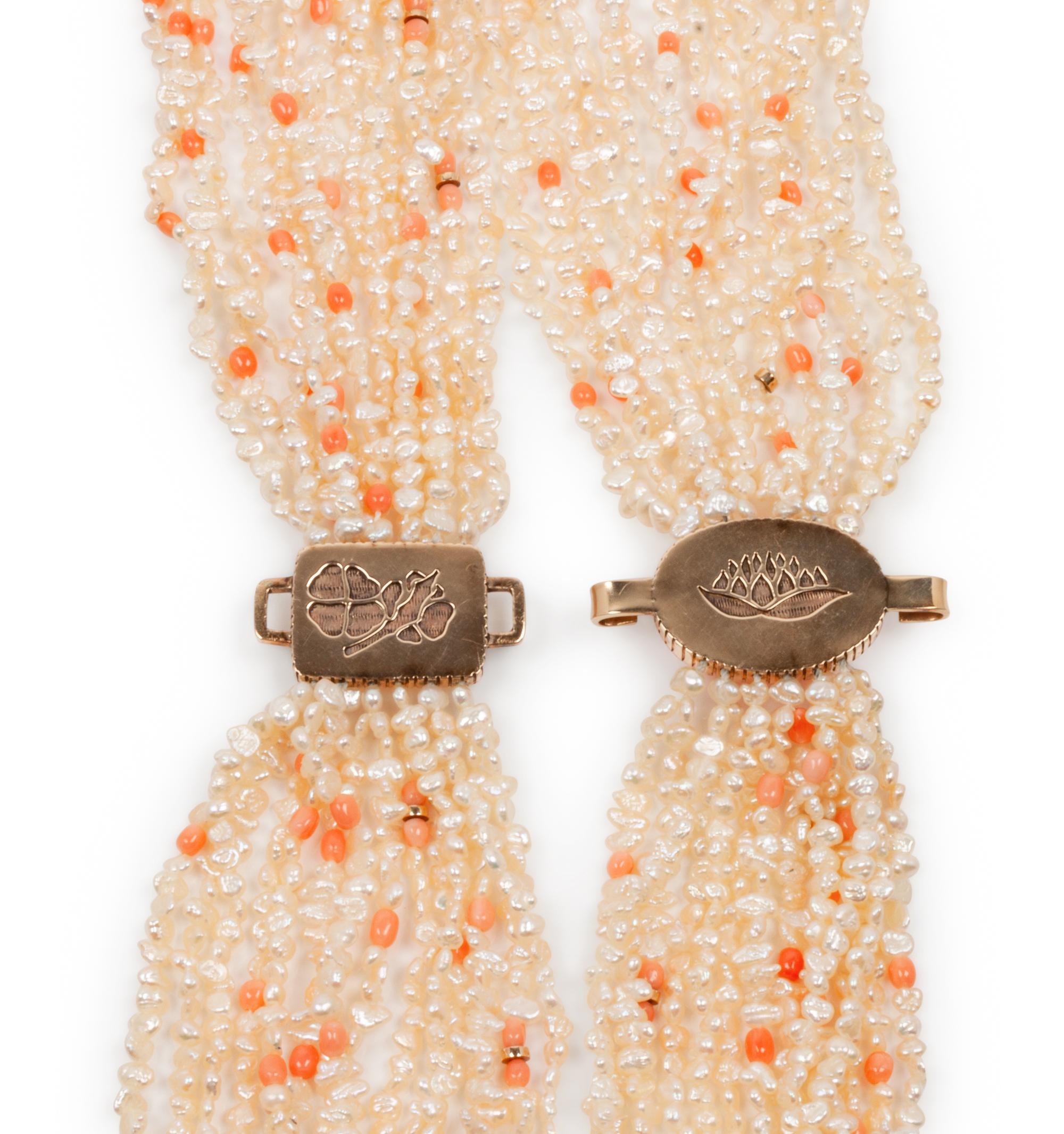 14k Gold, Pearl, and Coral Multi-Strand Necklace