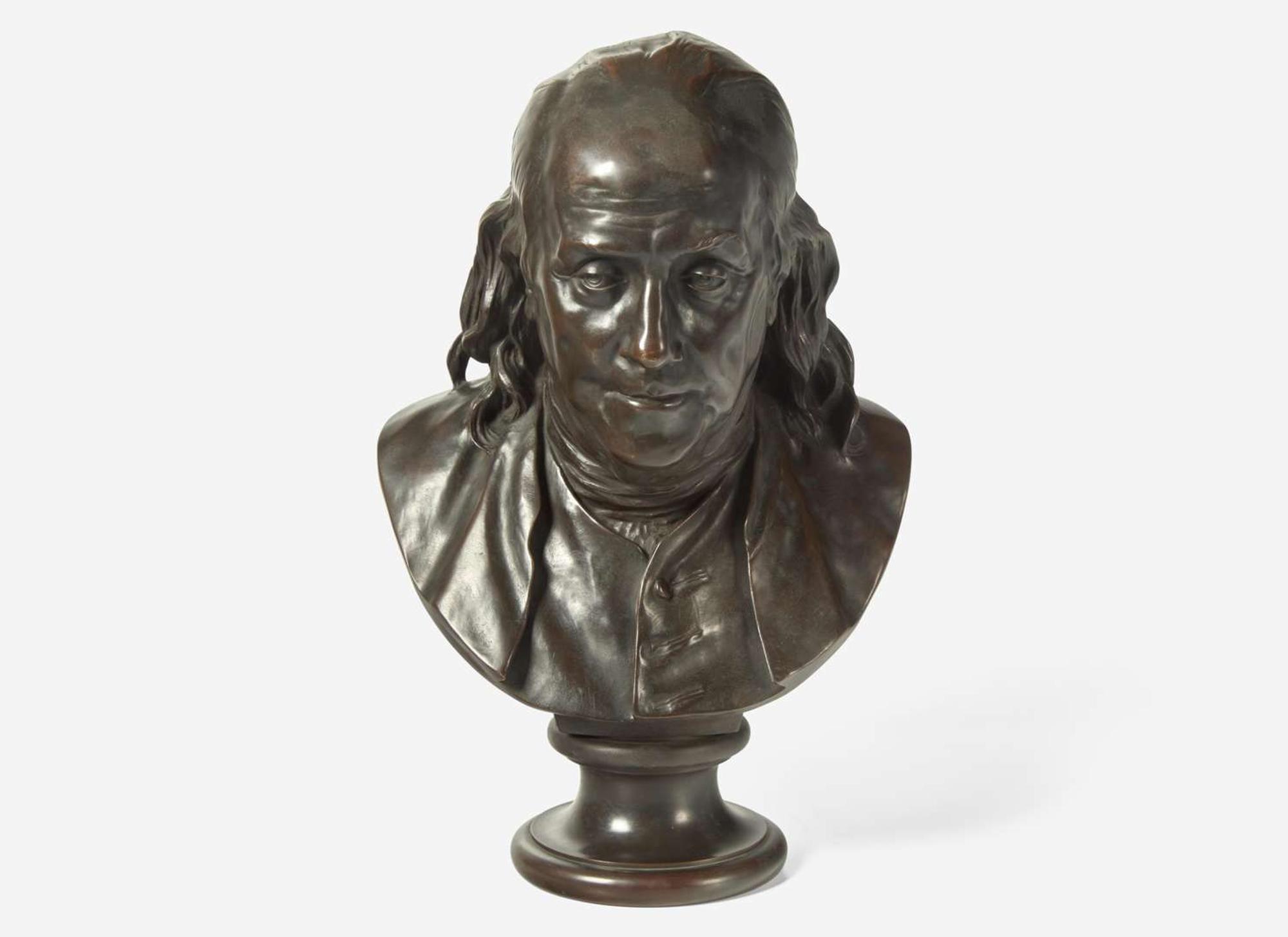 After Jean-Antoine Houdon (French, 1741-1828), Patinated bronze bust of Benjamin Franklin (1706-1790), cast by Ferdinand Barbedienne Fondeur (French, 1810-1892), Paris, France
