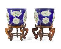 A pair of large Chinese Famille Rose-decorated cobalt-ground jardinières, late Qing to Republic period