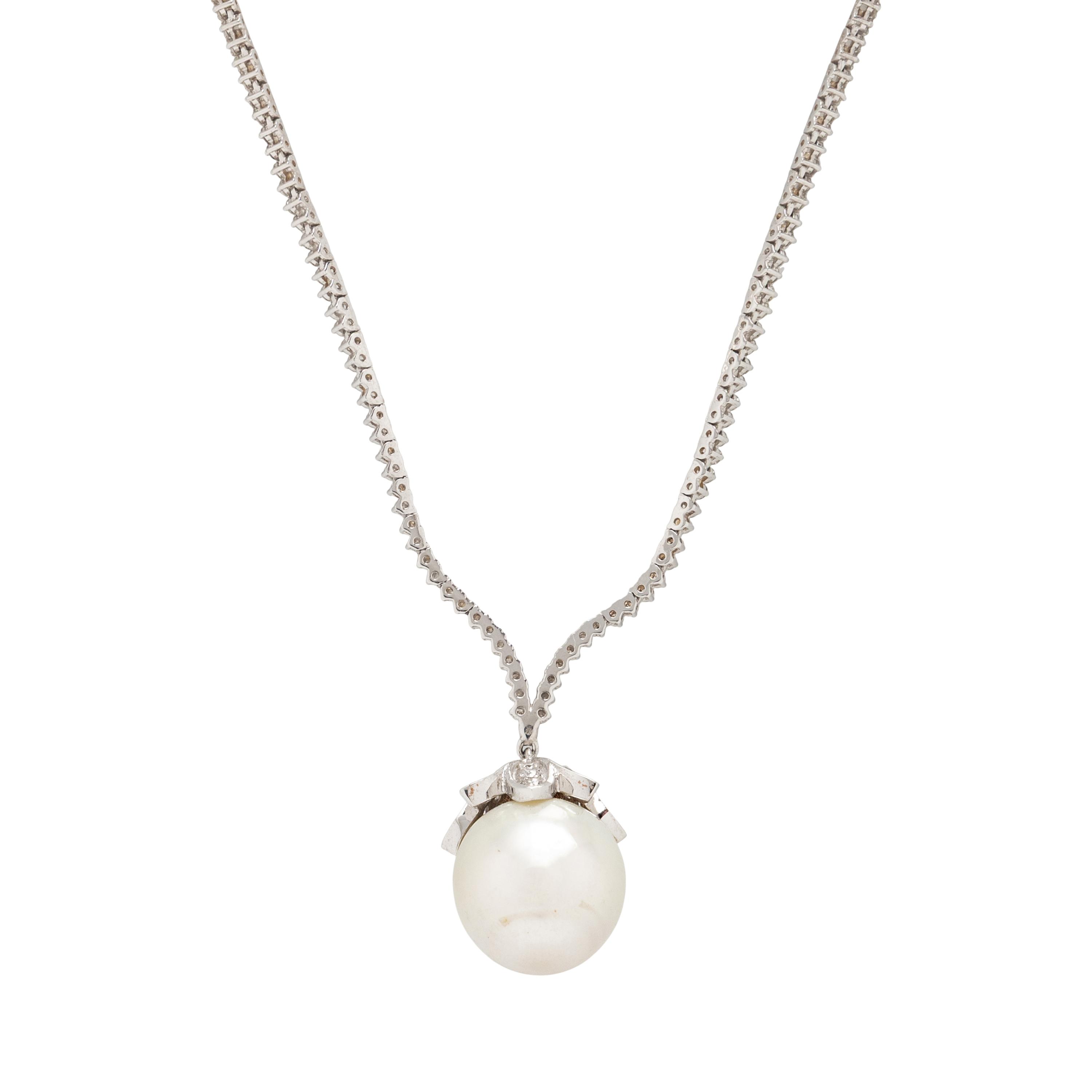 DIAMOND AND CULTURED PEARL NECKLACE AND CULTURED PEARL STUD EARRINGS