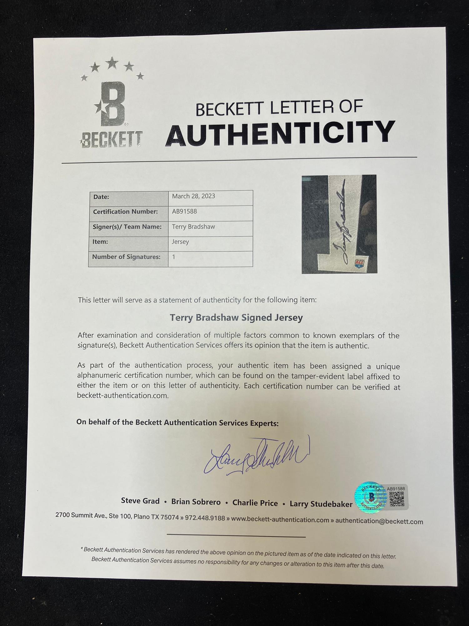 A Terry Bradshaw Signed Autograph Pittsburgh Steelers Jersey Display (Beckett Authentication Services Letter),