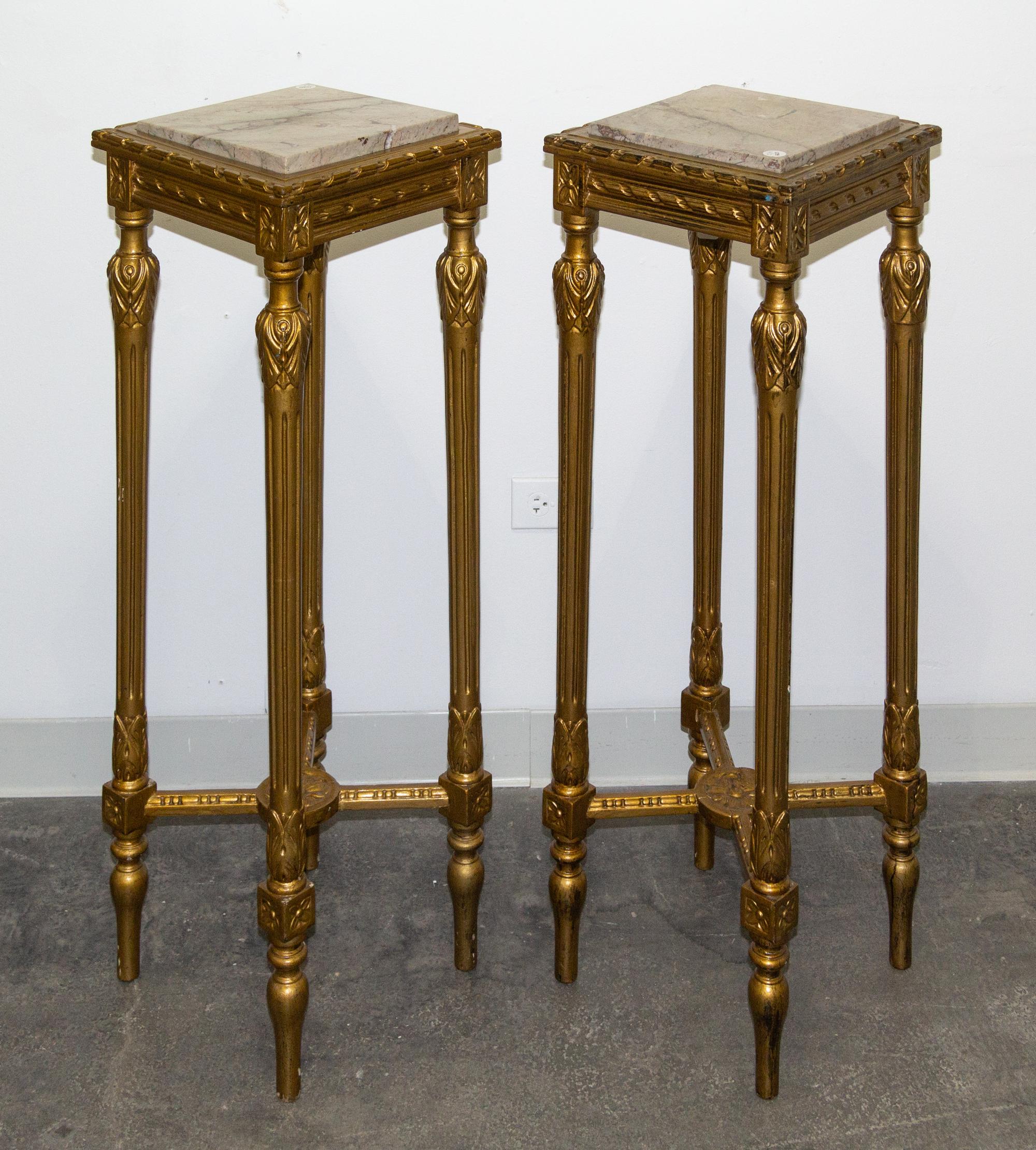 A Pair of Louis XVI Style Giltwood Pedestals Height 39 1/2 x width 13 1/2 x depth 13 1/2 inches. — 20TH CENTURY