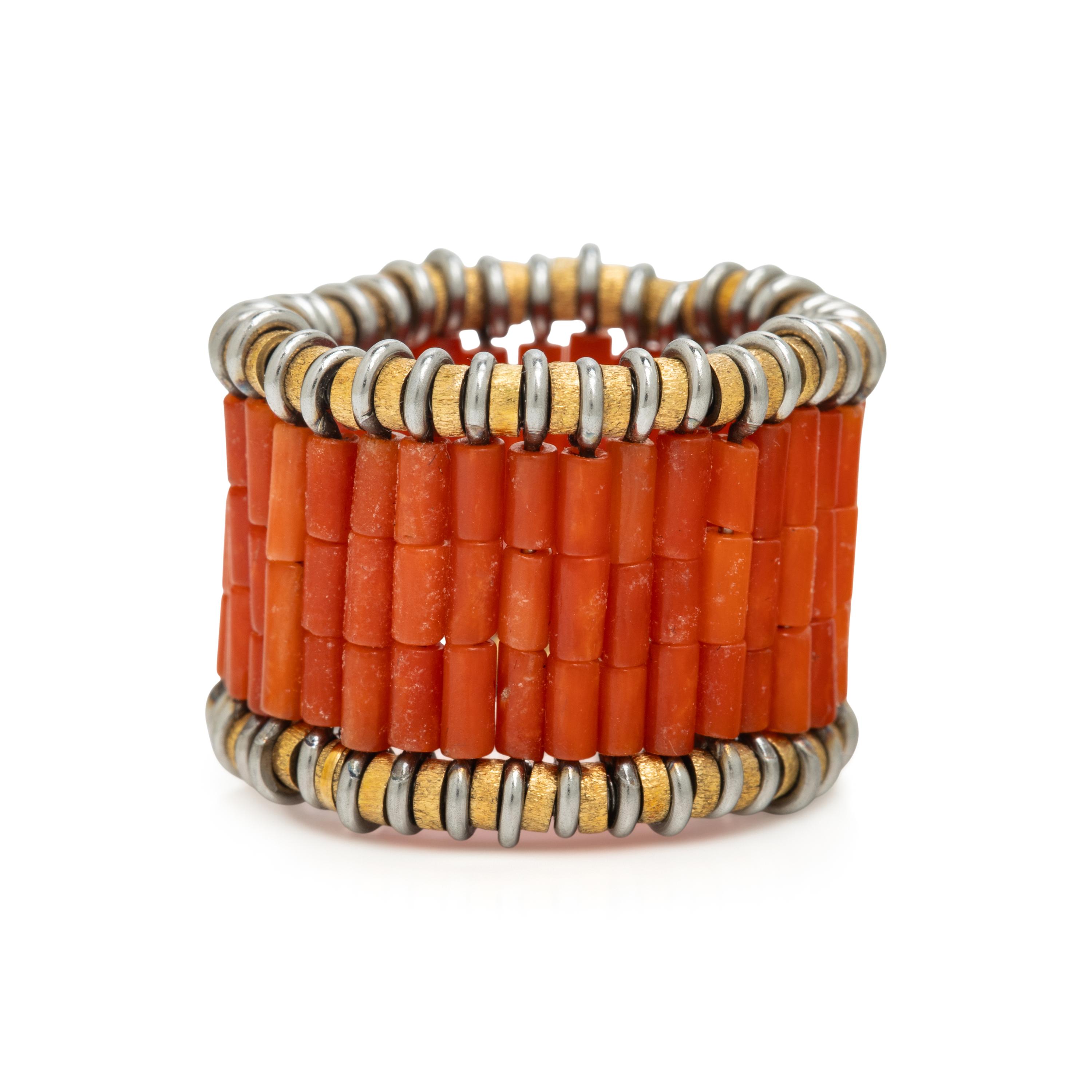 Coral and Yellow Gold Flexible Ring