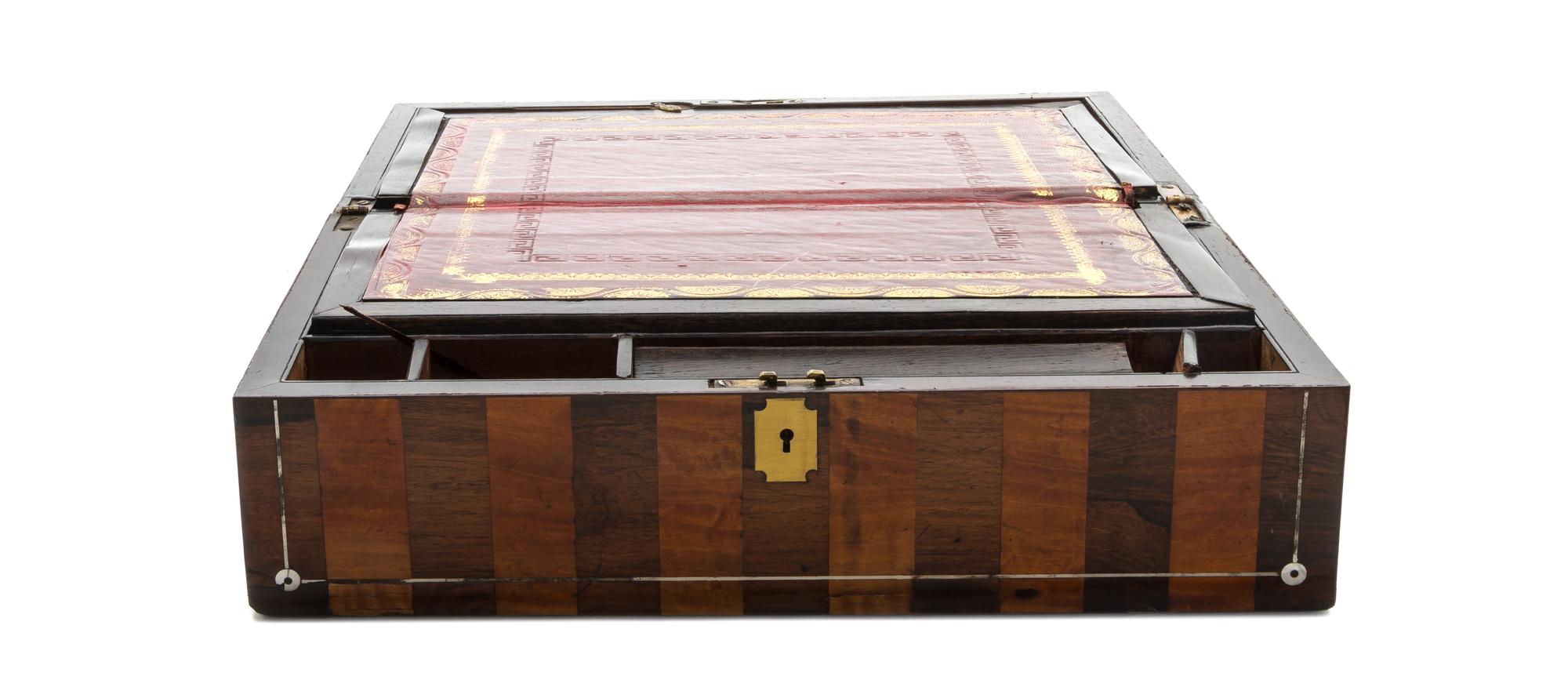 A Regency Rosewood and Satinwood Mother-of-Pearl Inlaid Lap Desk, Height 5 1/8 x width 16 x depth 9 3/8 inches.