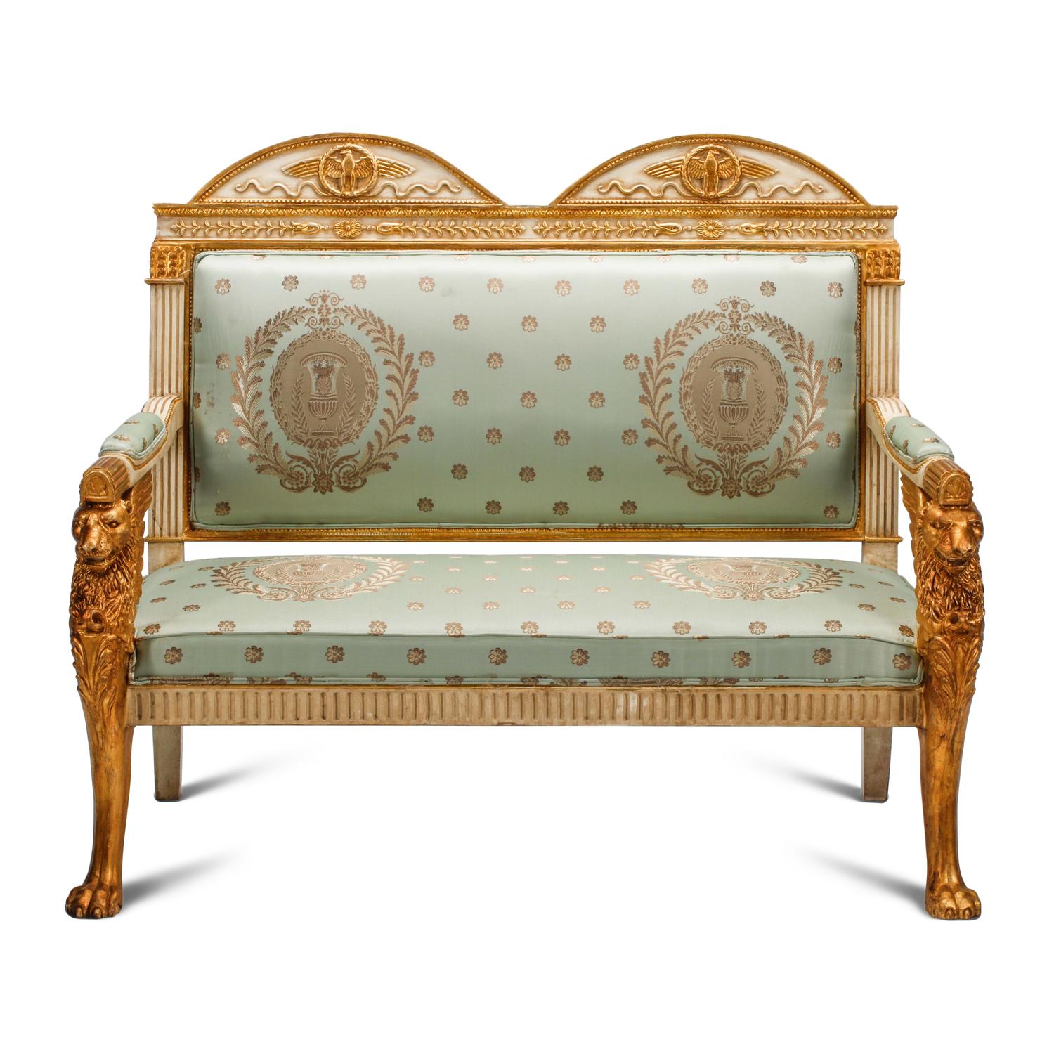 An Italian Neoclassical Style Painted and Parcel Gilt Three-Piece Seating Suite