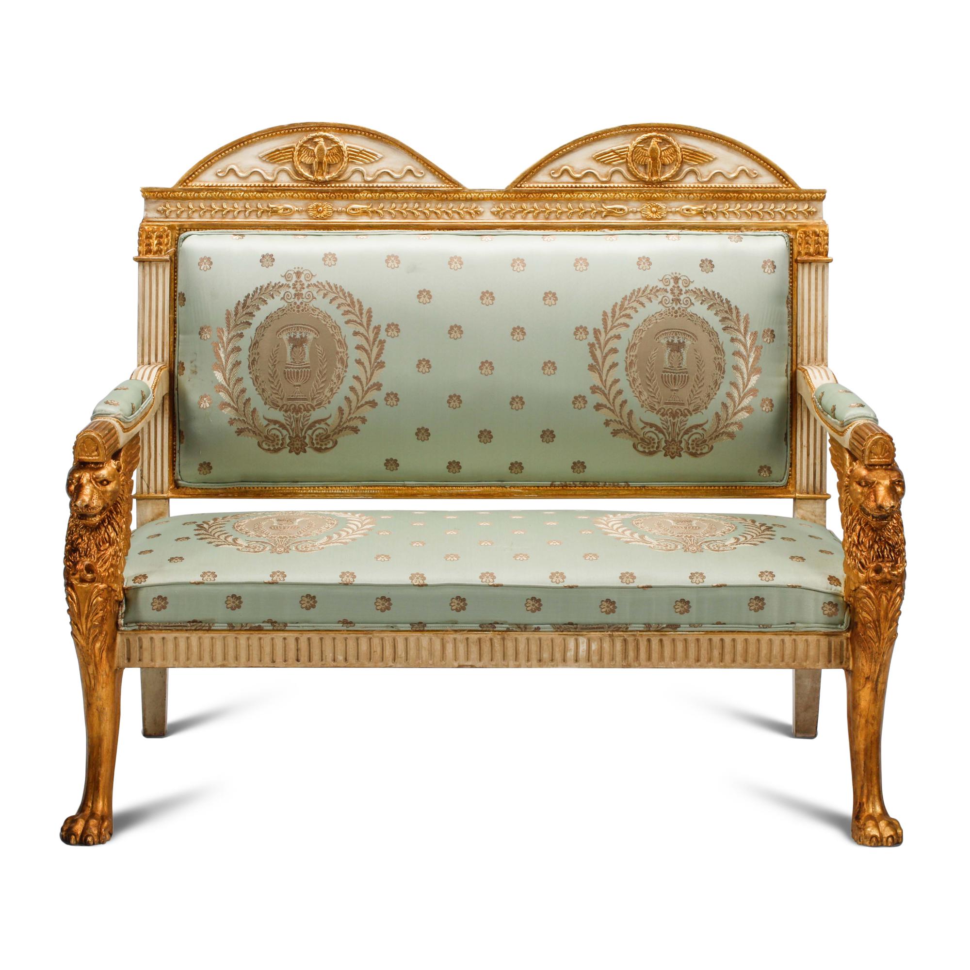 An Italian Neoclassical Style Painted and Parcel Gilt Three-Piece Seating Suite