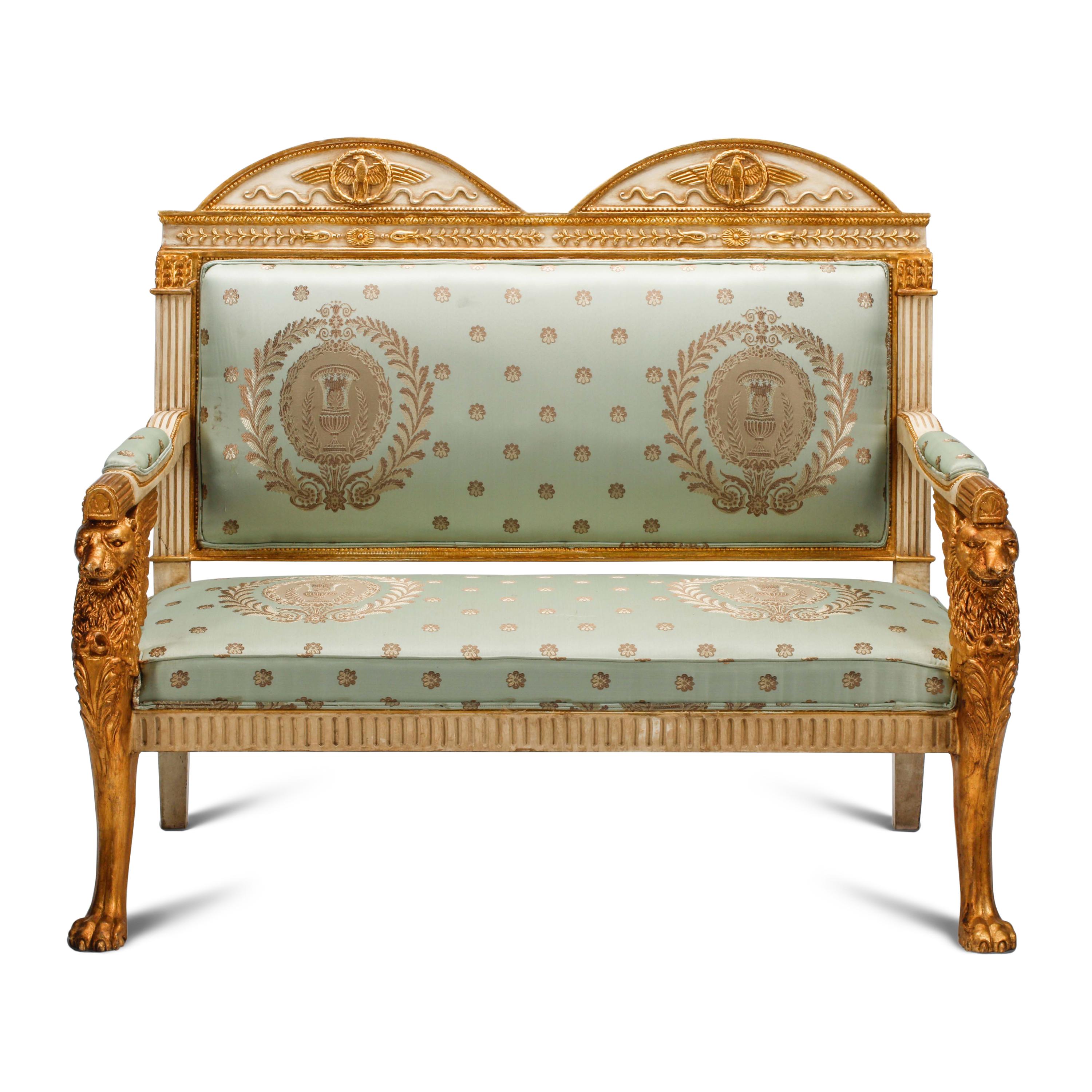 An Italian Neoclassical Style Painted and Parcel Gilt Three-Piece Seating Suite