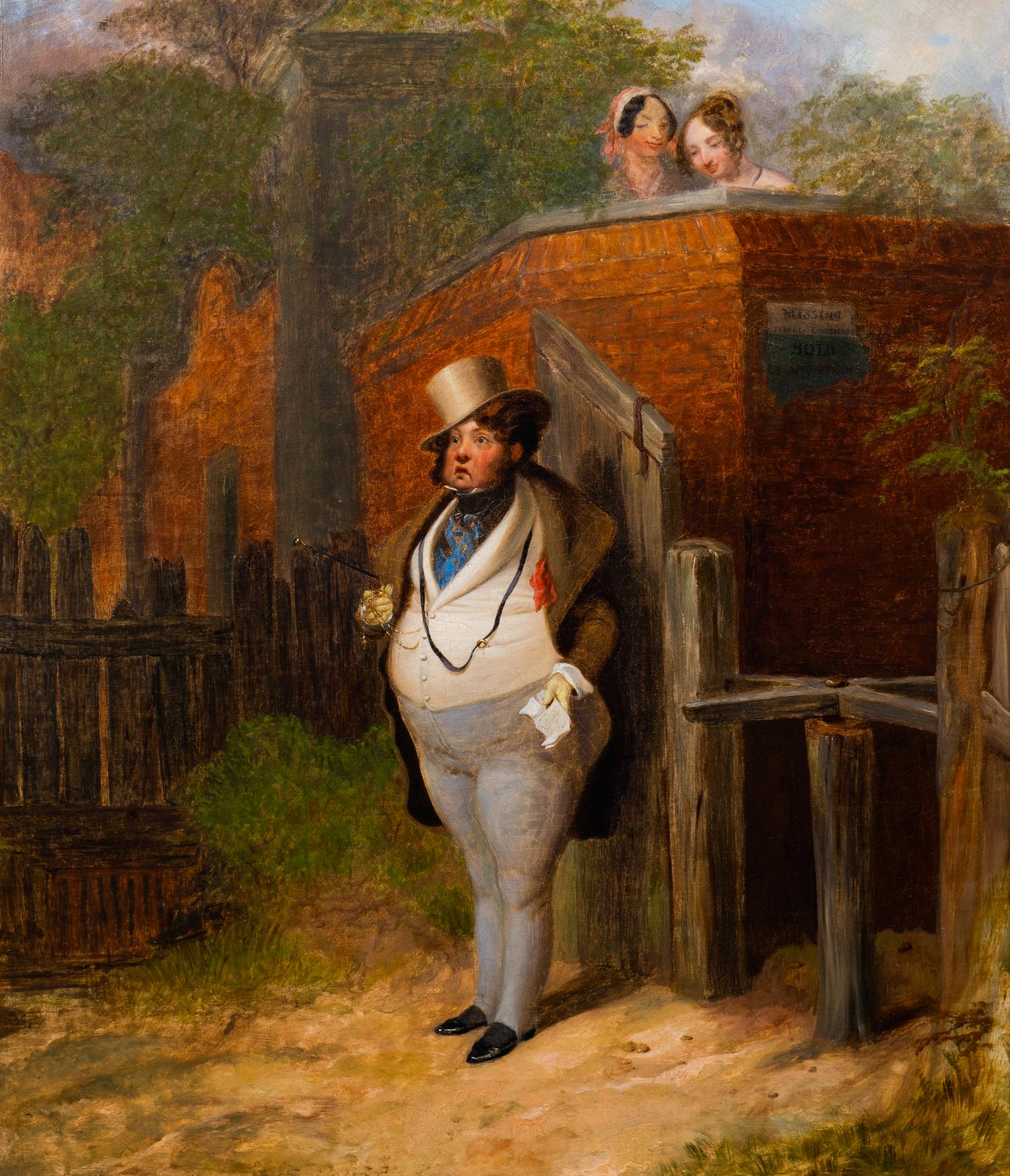A Man in a Top Hat with Two Ladies Behind a Wall