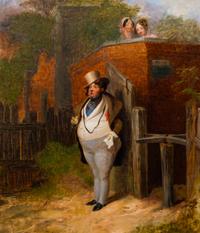 A Man in a Top Hat with Two Ladies Behind a Wall