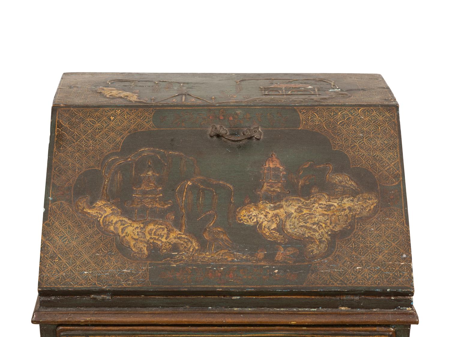 An English Dark Green Japanned Slant Front Desk
