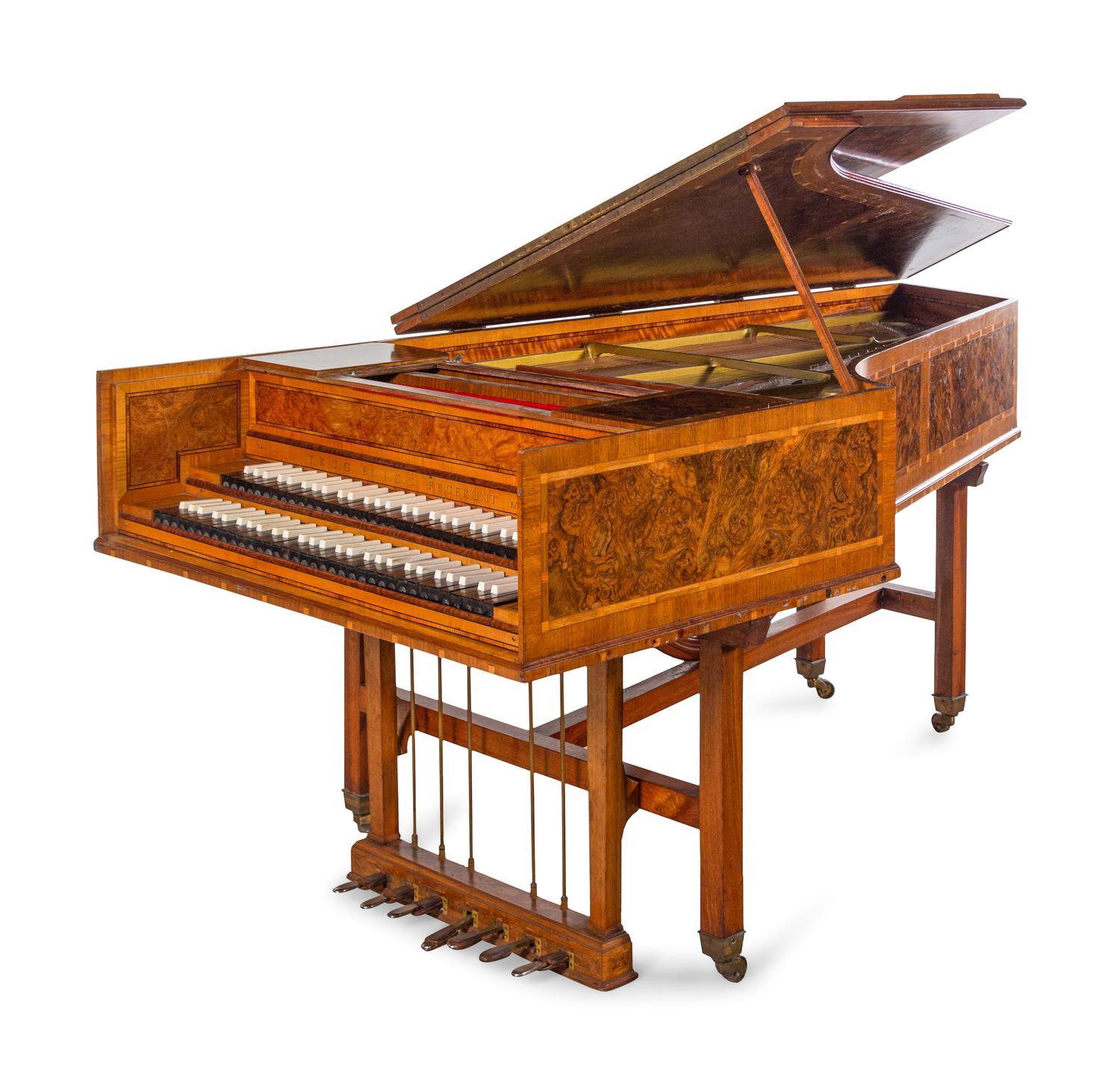 A Burl Walnut and Satinwood Two-Manual Harpsichord by Thomas Goff & Joseph Cobby