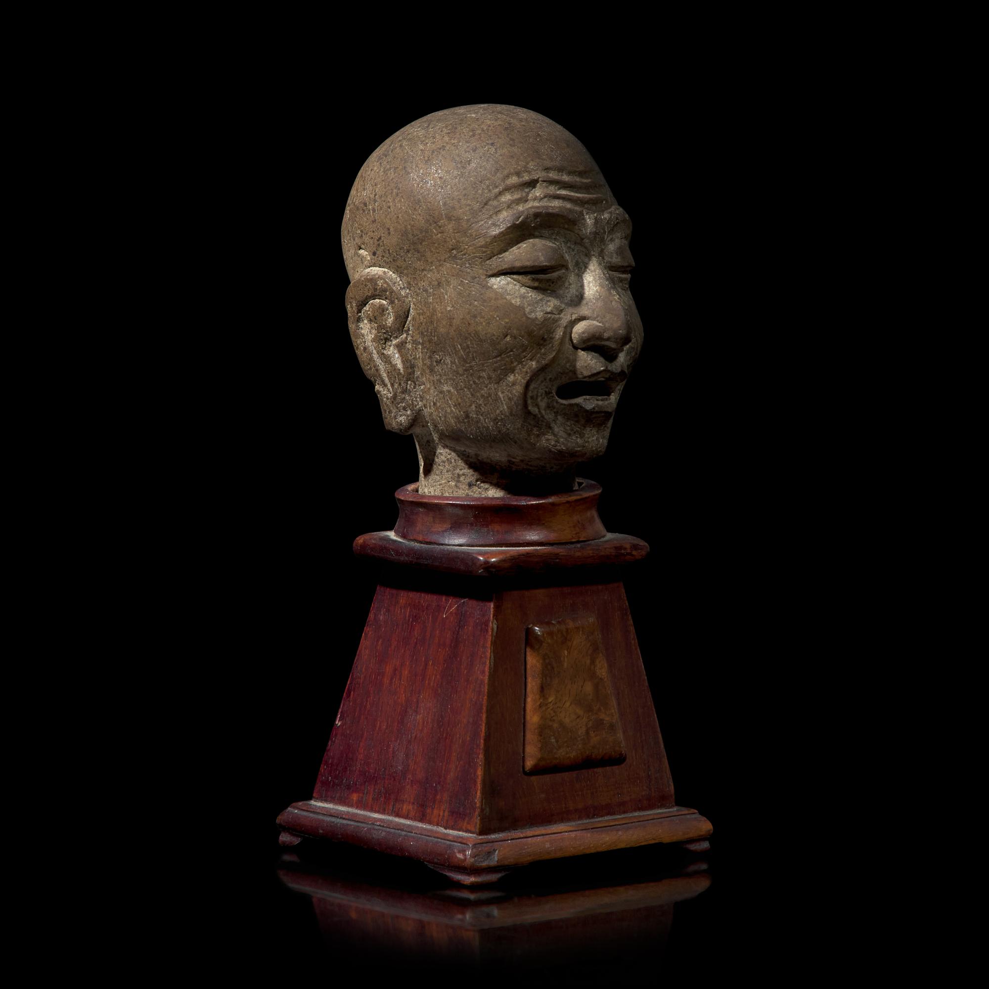 A Chinese Carved Stone Head of a Singing or Chanting Luohan, Song to Yuan Dynasty 宋-元 石雕羅漢頭像