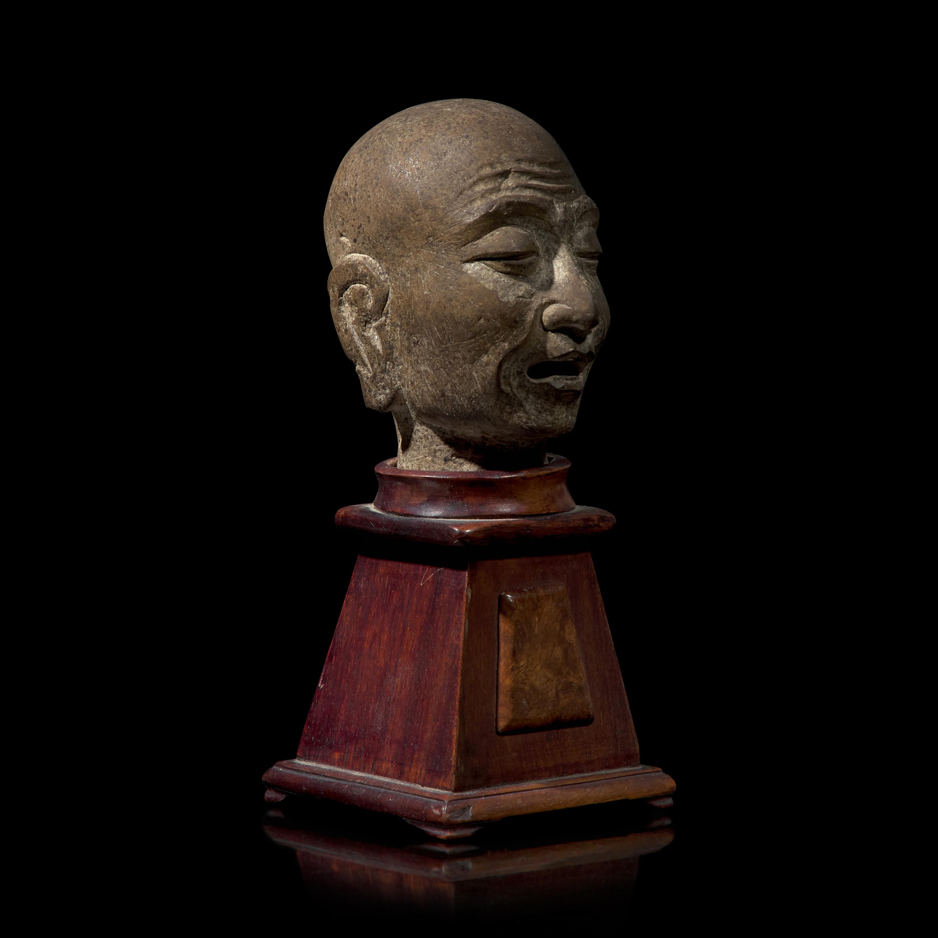 A Chinese Carved Stone Head of a Singing or Chanting Luohan, Song to Yuan Dynasty 宋-元 石雕羅漢頭像