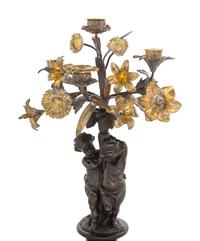 A Pair of Victorian Cast Metal and Parcel Gilt Four-Light Candelabra