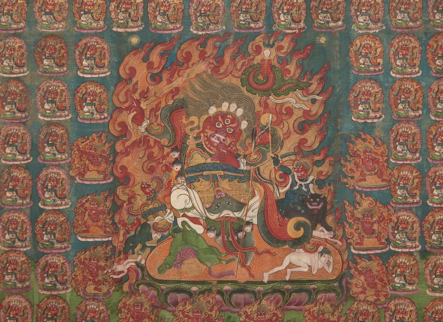An unusual pair of Tibetan or Mongolian thankas depicting Begtse Chen, 19th century or later 藏傳或蒙古唐卡一對 十九世紀或更晚