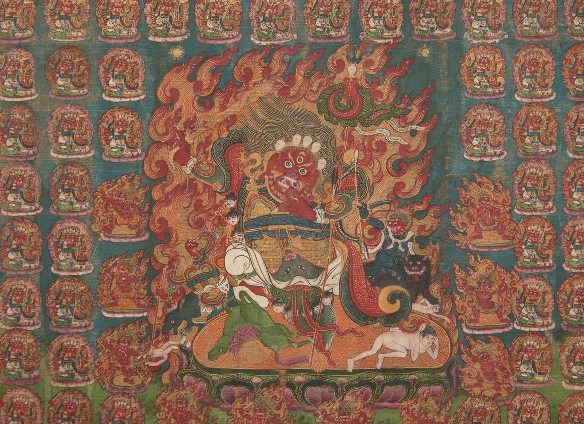 An unusual pair of Tibetan or Mongolian thankas depicting Begtse Chen, 19th century or later 藏傳或蒙古唐卡一對 十九世紀或更晚