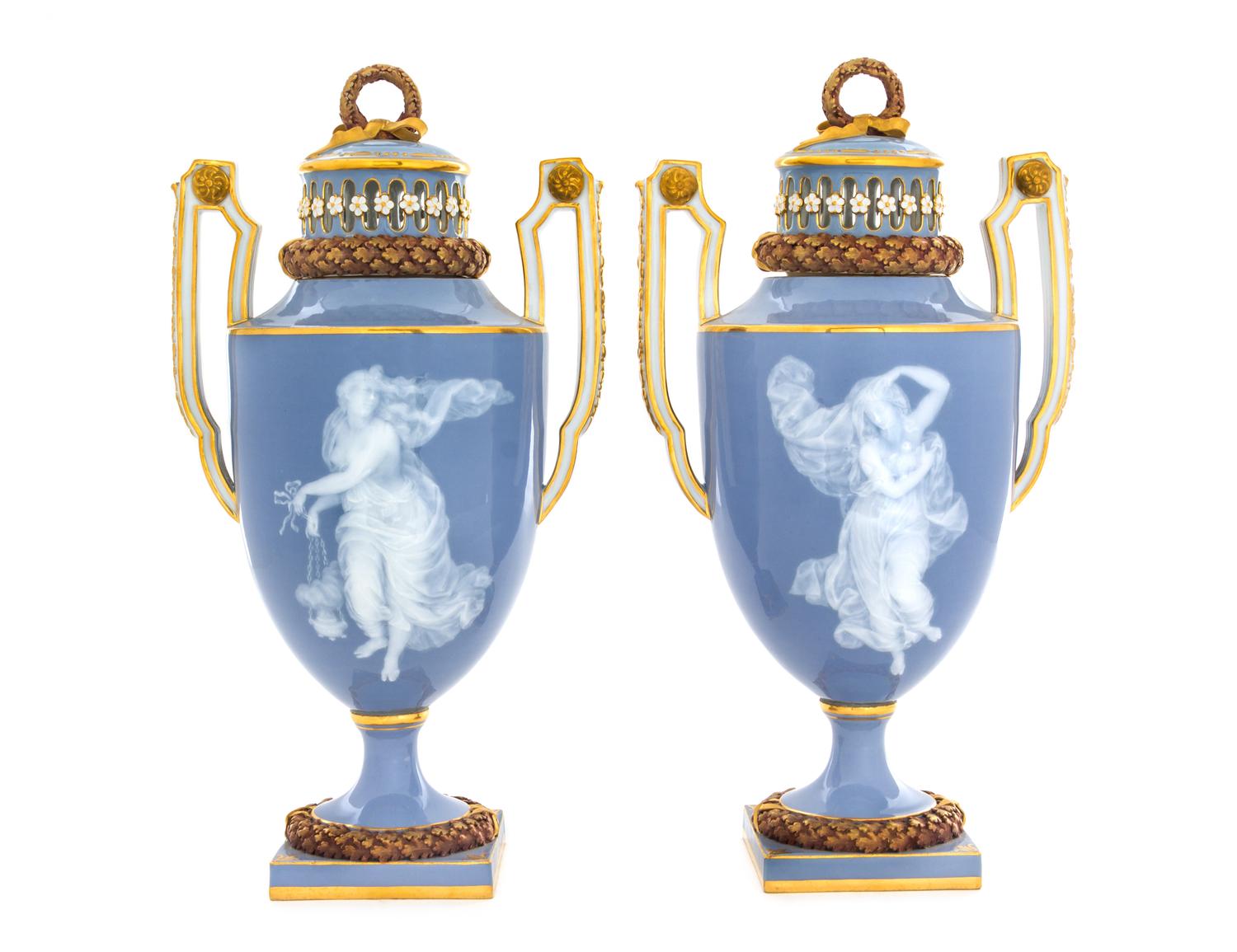 A Pair of Meissen Porcelain Pate-sur-Pate Covered Potpourri Vases Height 12 inches. — 19TH CENTURY
