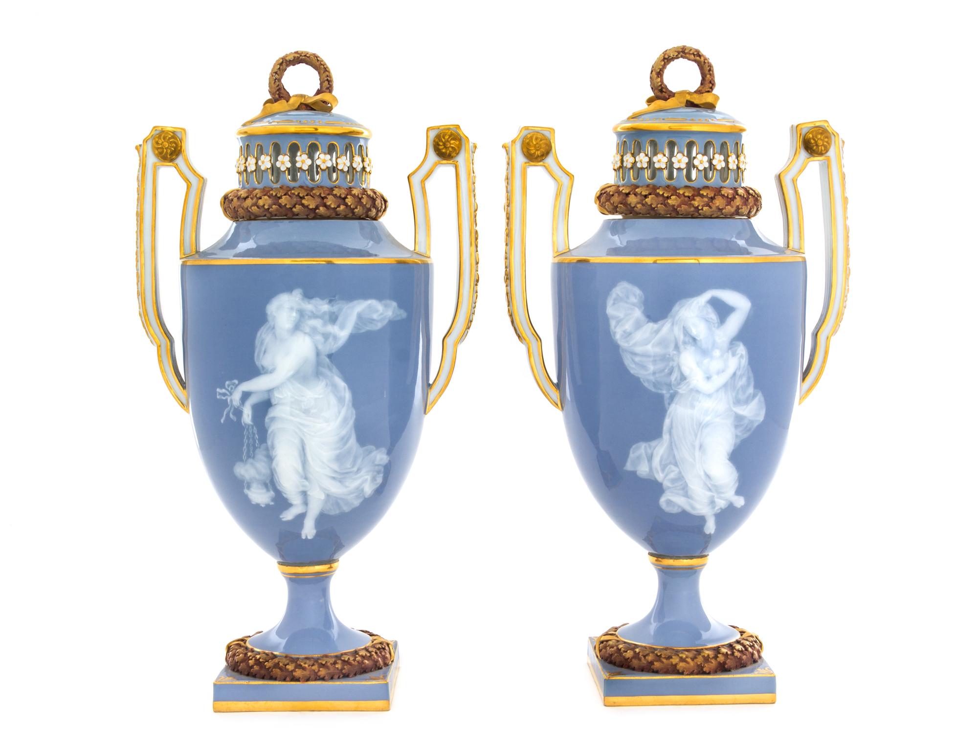 A Pair of Meissen Porcelain Pate-sur-Pate Covered Potpourri Vases Height 12 inches. — 19TH CENTURY
