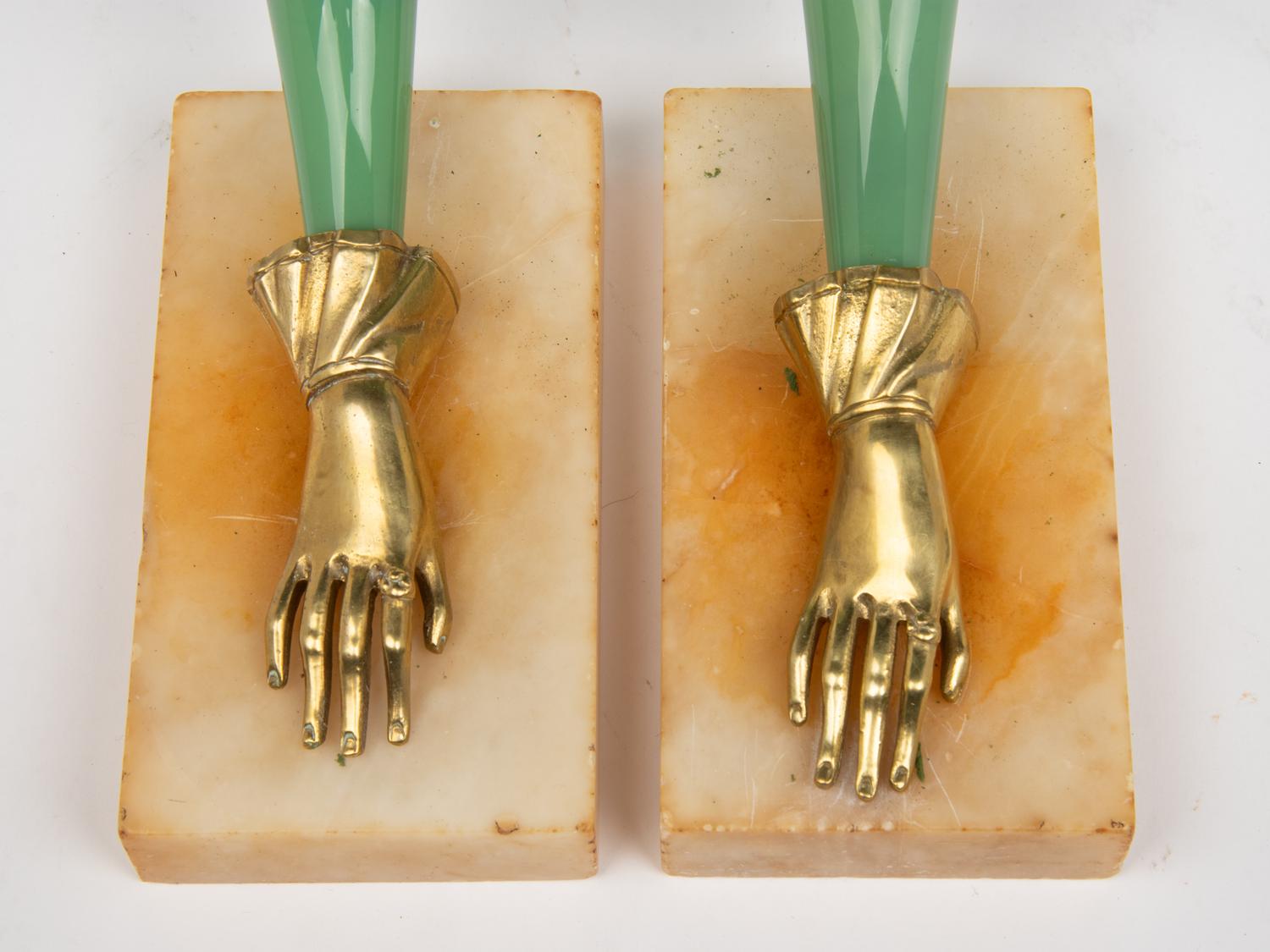 Three Pairs of Continental Gilt Metal Mounted Glass Rhyton Vases