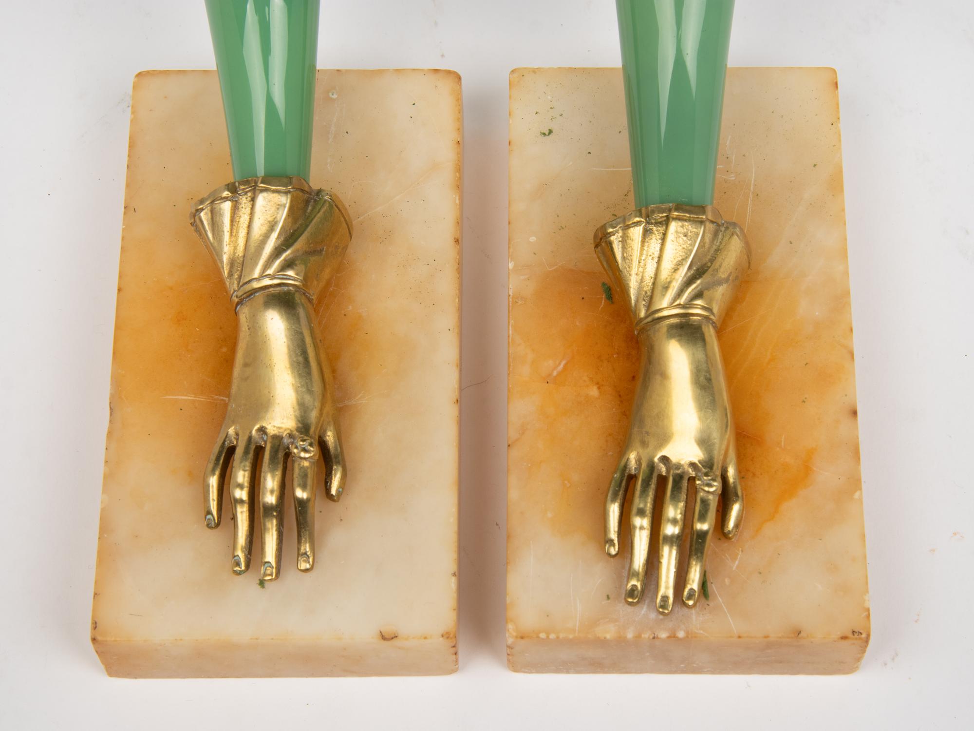 Three Pairs of Continental Gilt Metal Mounted Glass Rhyton Vases
